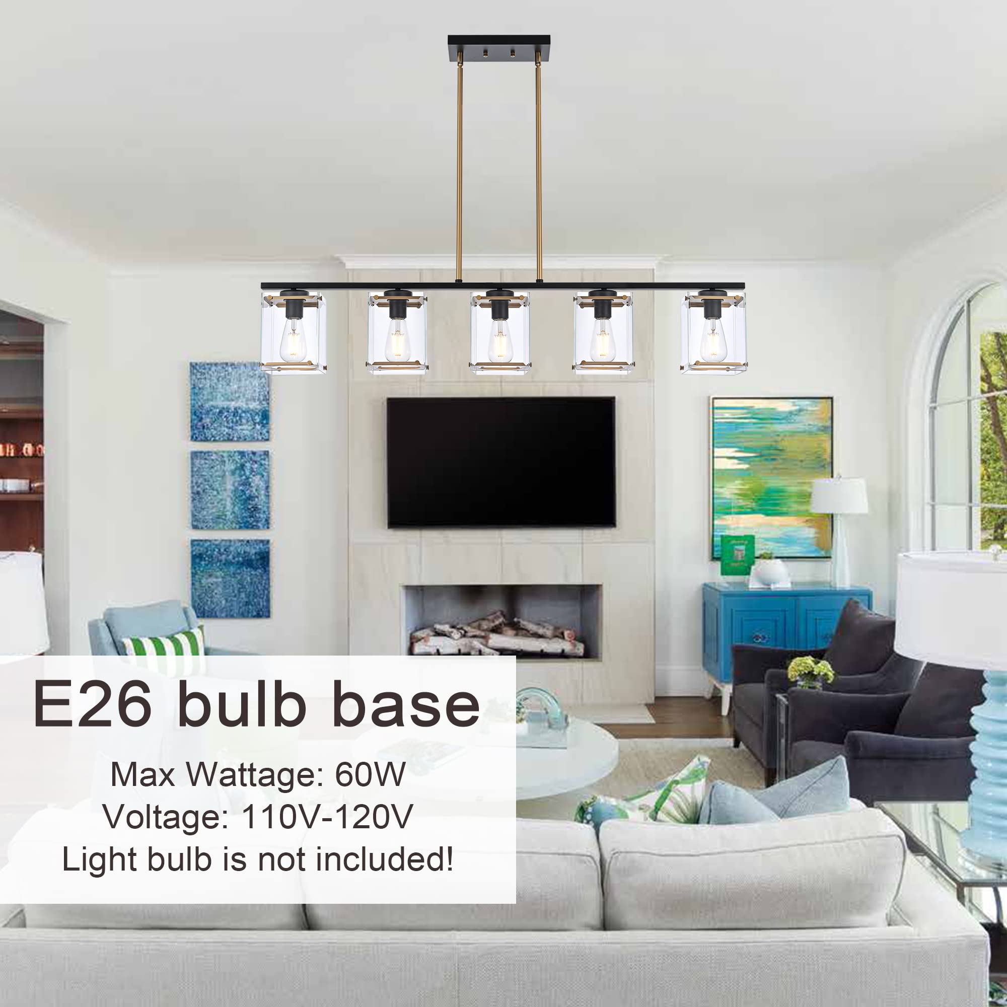 MELUCEE 5-Light Modern Linear Chandelier - Black and Brass Rectangular Pendant Light with Clear Glass Shades for Kitchen Island, Dining Room, Living Room | Perfect for Contemporary Home Decor and Open Concept Spaces