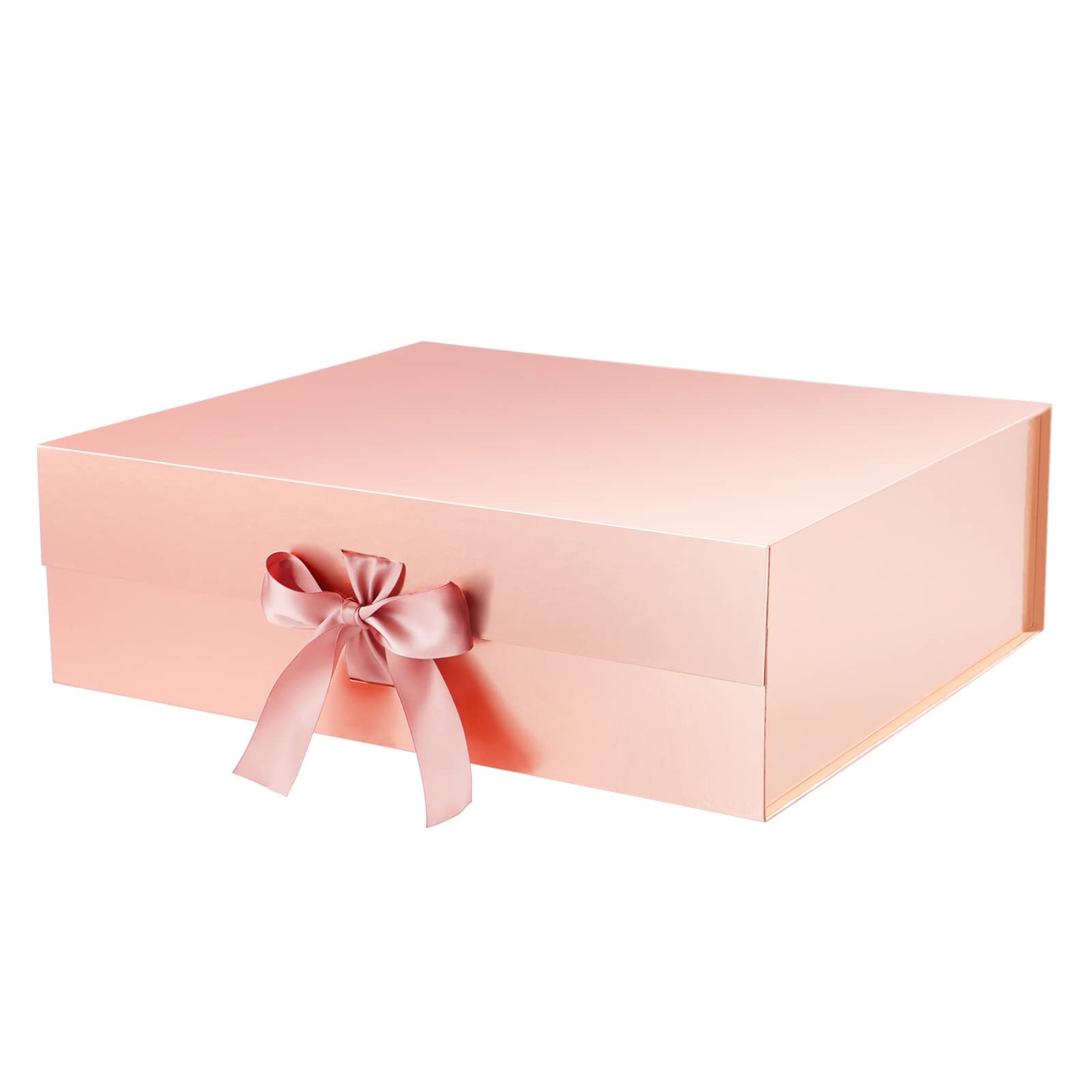 ROSEGLD Extra Large Gift Box with Ribbon - 16.3x14.2x5 Inches Magnetic Closure Gift Box for Christmas, Bridesmaid Proposal, Wedding, Birthday & Anniversary Presents (Glossy Rose Gold) - Perfect for Jewelry, Cosmetics & Luxury Gifts