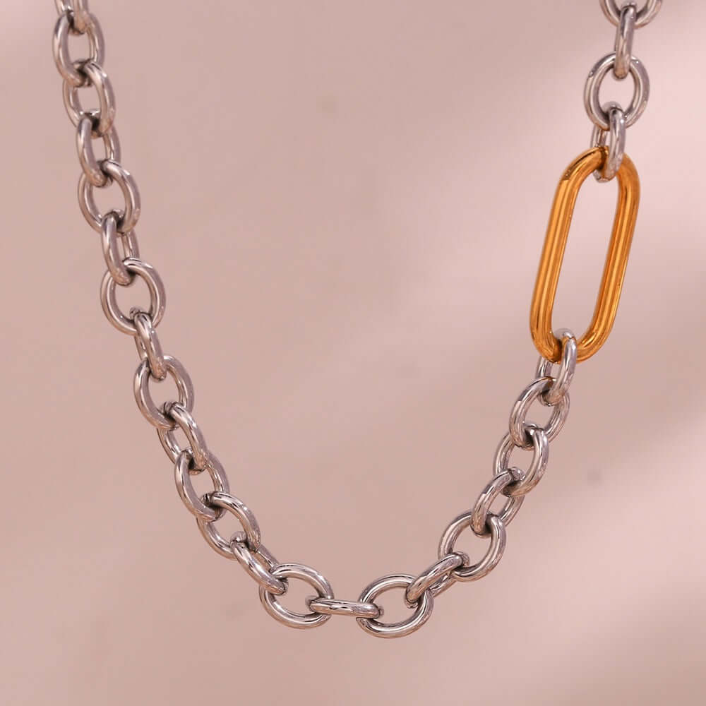 Edgy Two-Tone Paperclip Bold Chain Necklace N0384 | Trendy Layering Jewelry for Women, Perfect for Casual Outfits & Night Out Accessories