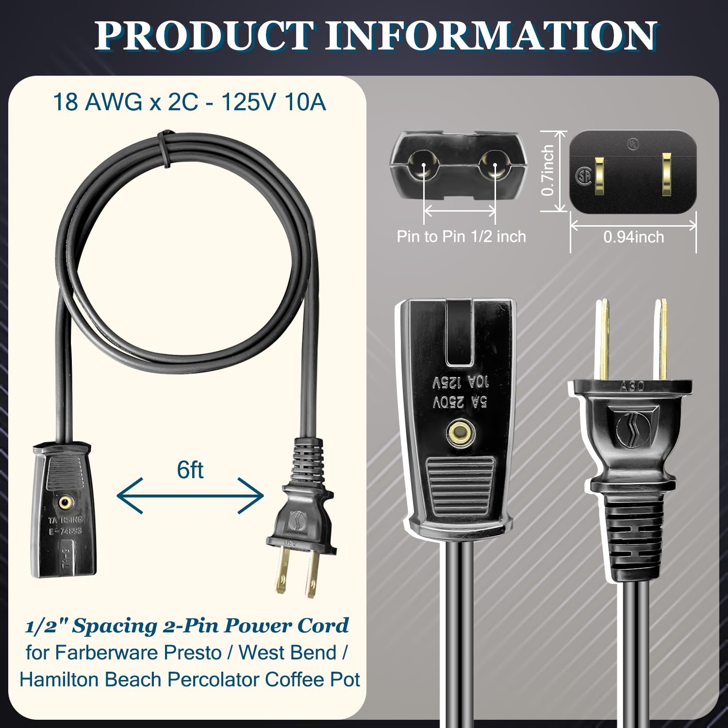 HASMX 6ft Replacement Power Cord for West Bend Coffee Urn 58030 & 58012 - 2 Pin 1/2 Inch Spacing Electric Cord - Compatible with Rice Cookers, Slow Cookers & Small Appliances - Perfect for Home & Office Use