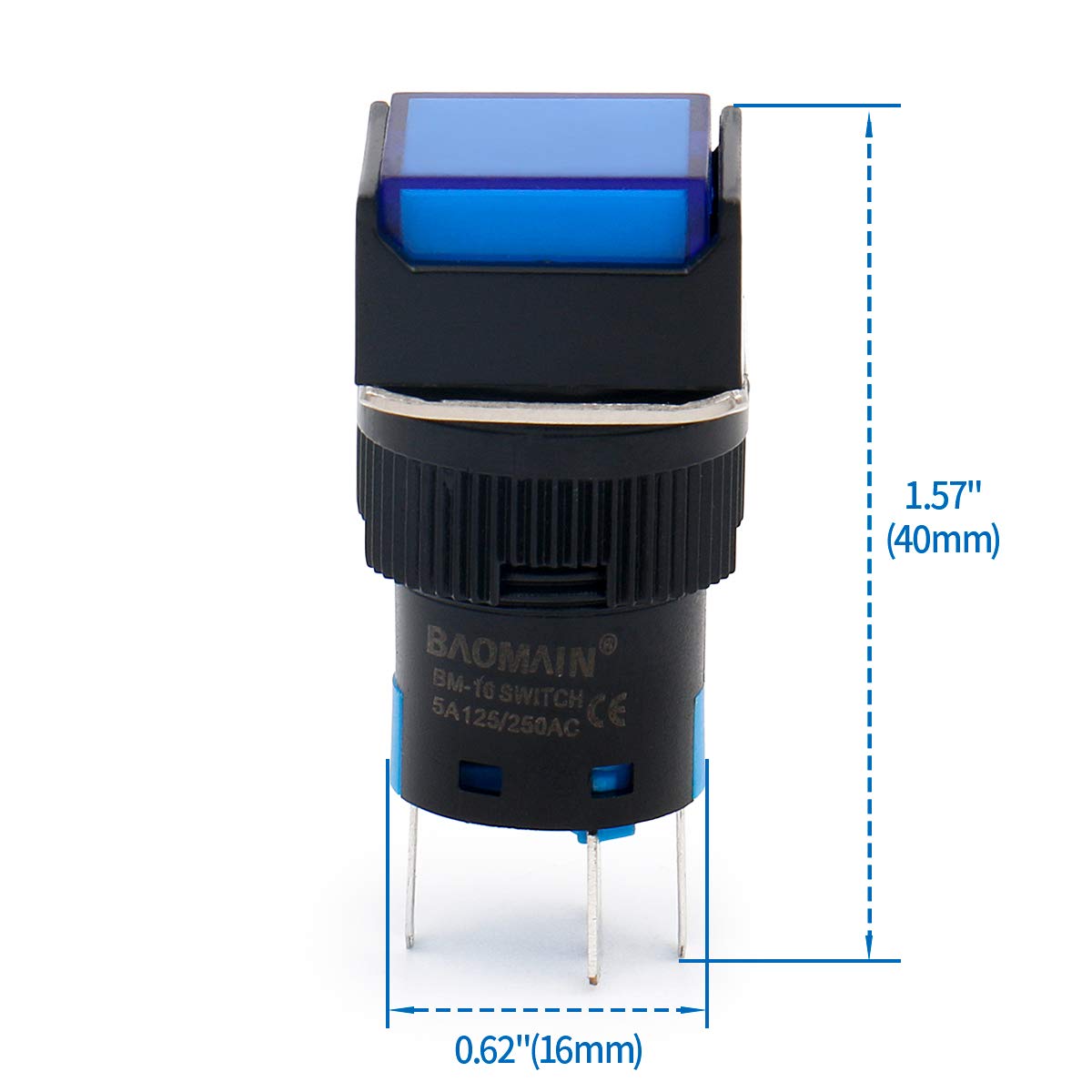 Baomain 16mm Momentary Push Button Switch with Blue LED Light - SPDT 5 Pin, 12V DC (5 Pack) - Perfect for Control Panels, DIY Electronics, and Industrial Equipment