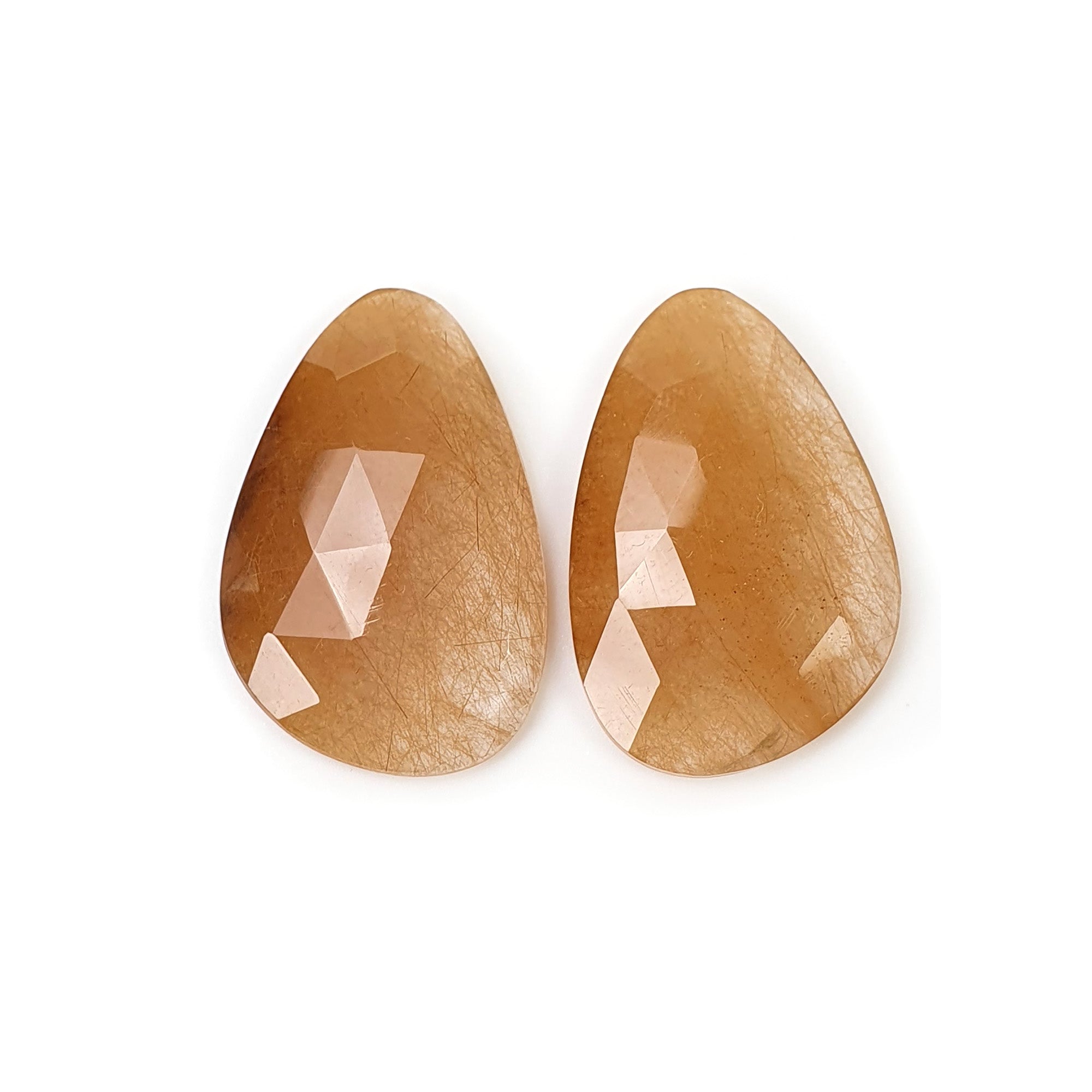 Natural Brown Rutile Quartz Gemstone Rose Cut - 26.30cts Untreated Unheated Rutile Pair (26x17mm) with Video | Jewelry Making, Healing Crystals & Collector's Specimen