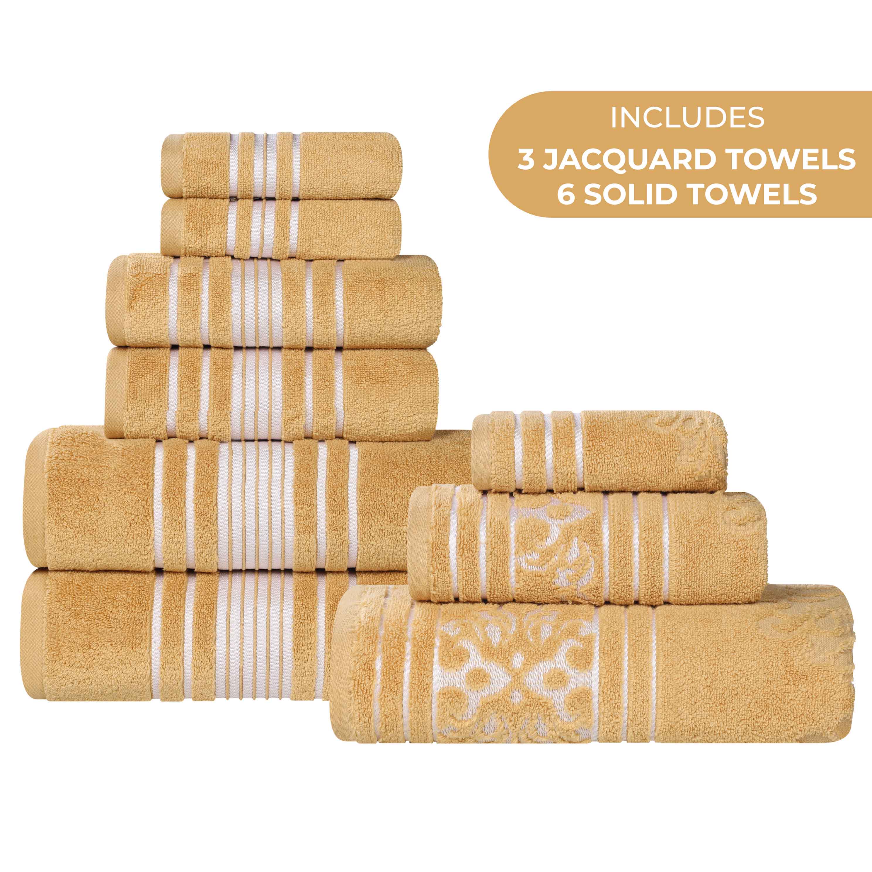Sadie 9-Piece Zero Twist Cotton Towel Set - Solid & Jacquard Floral Bath Towels, Hand Towels & Washcloths - Soft & Absorbent for Bathroom, Spa & Guest Room