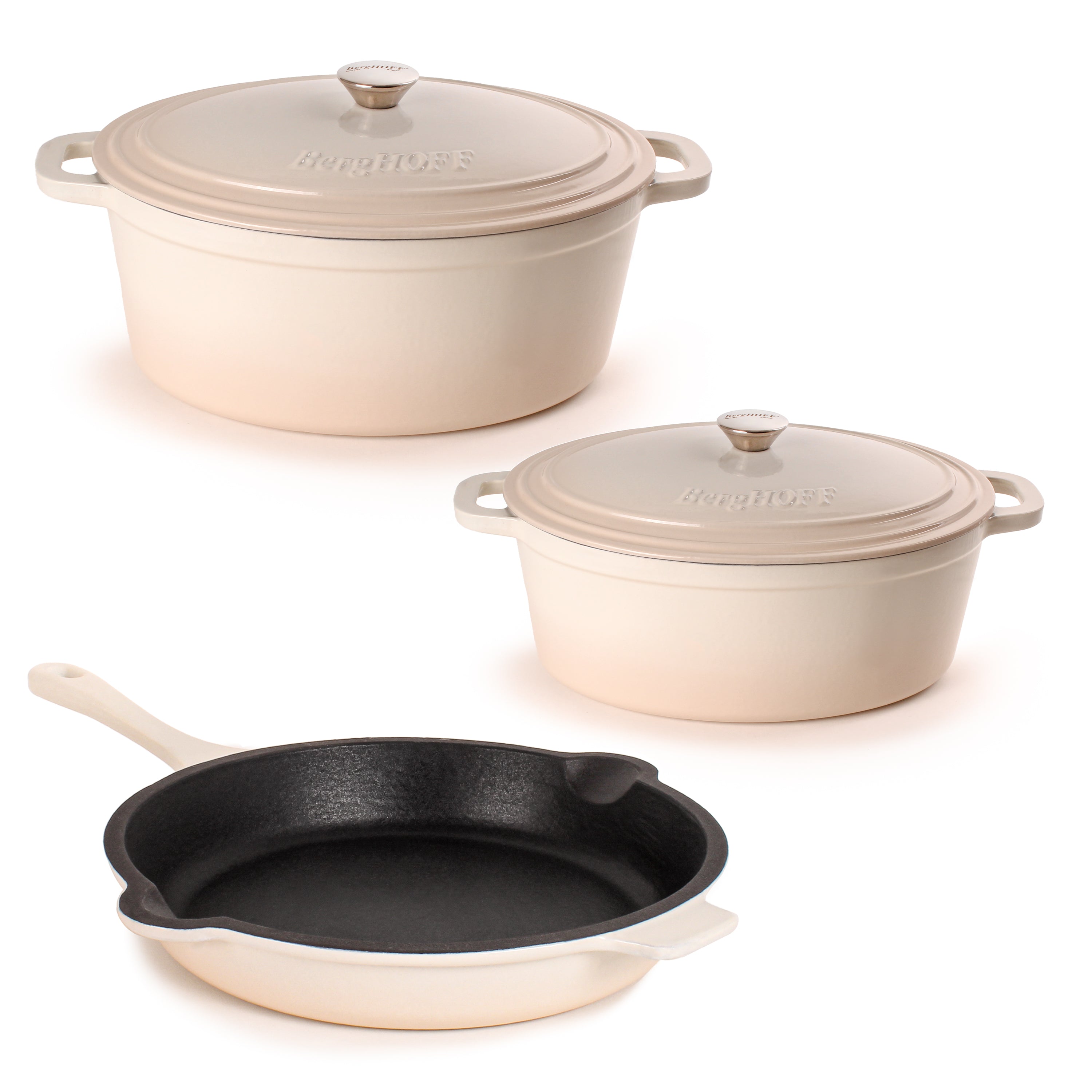 BergHOFF Neo 5-Piece Cast Iron Oval Dutch Oven Set with 10-Inch Fry Pan, 5qt & 8qt Capacity, Meringue Color - Perfect for Braising, Roasting, and Family Dinners