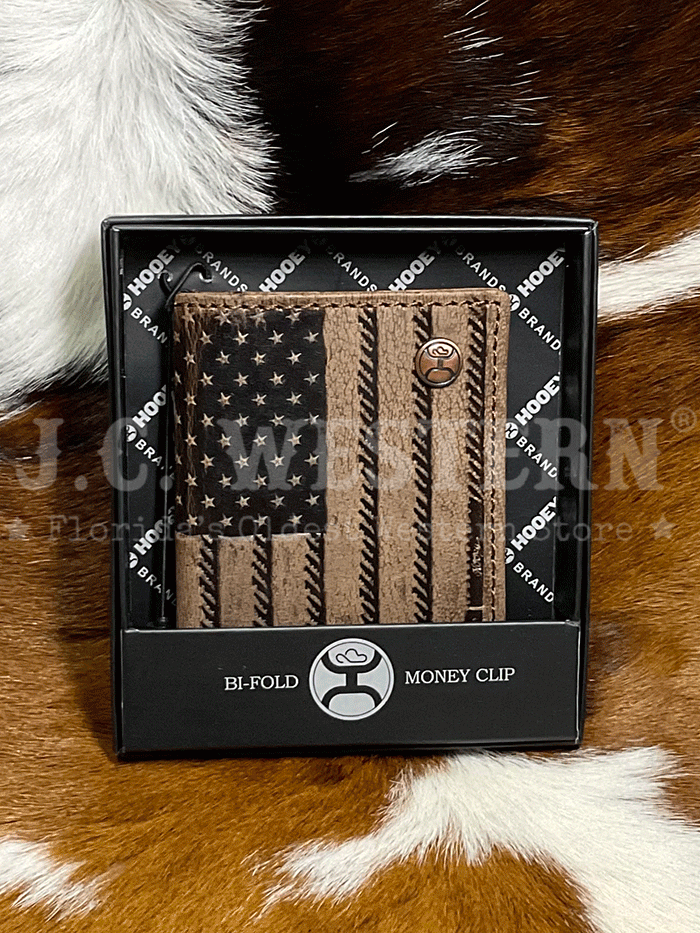 Hooey HFW003 BRBK Men's Liberty Rope Embossed Genuine Leather Bi-Fold Money Clip Wallet - Brown RFID Blocking Slim Wallet for Everyday Carry & Travel