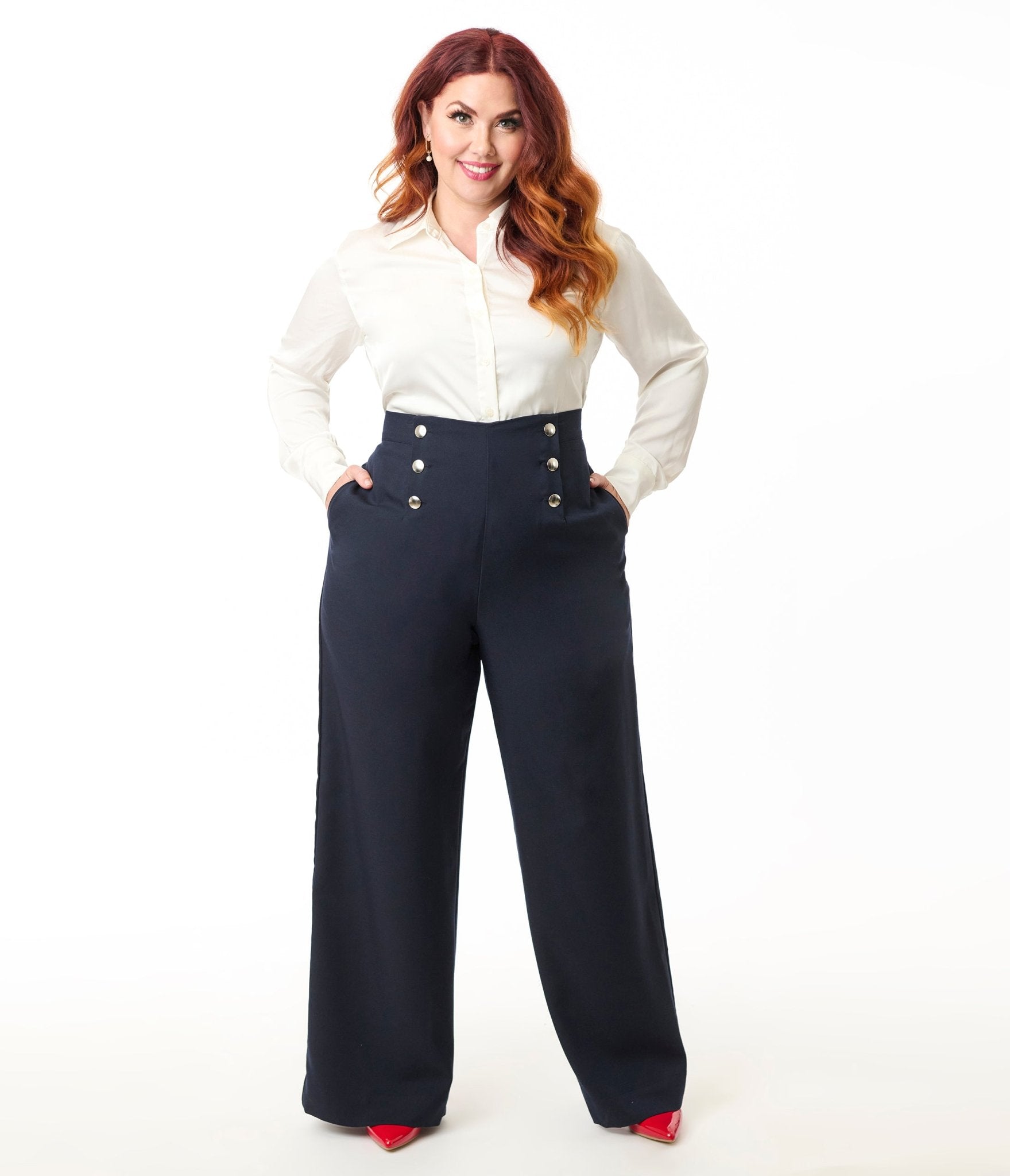 Smak Parlour Plus Size Navy & Silver Button Wide Leg Sailor Pants for Women - Comfortable High Waisted Trousers for Work, Office, and Casual Outfits