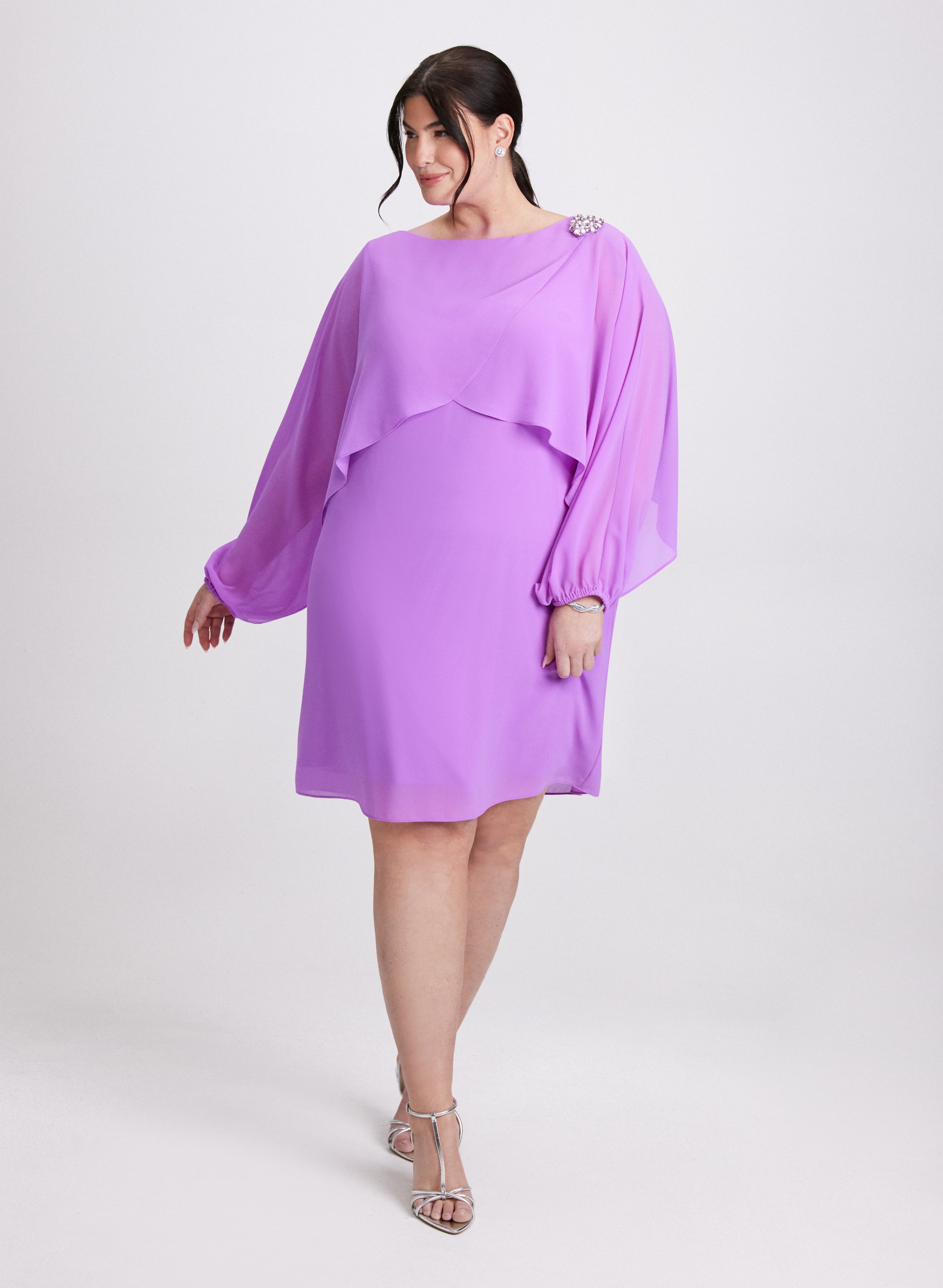 Elegant Brooch Embellished Capelet Dress for Women - Vintage Inspired Formal Wear for Weddings, Parties & Special Occasions