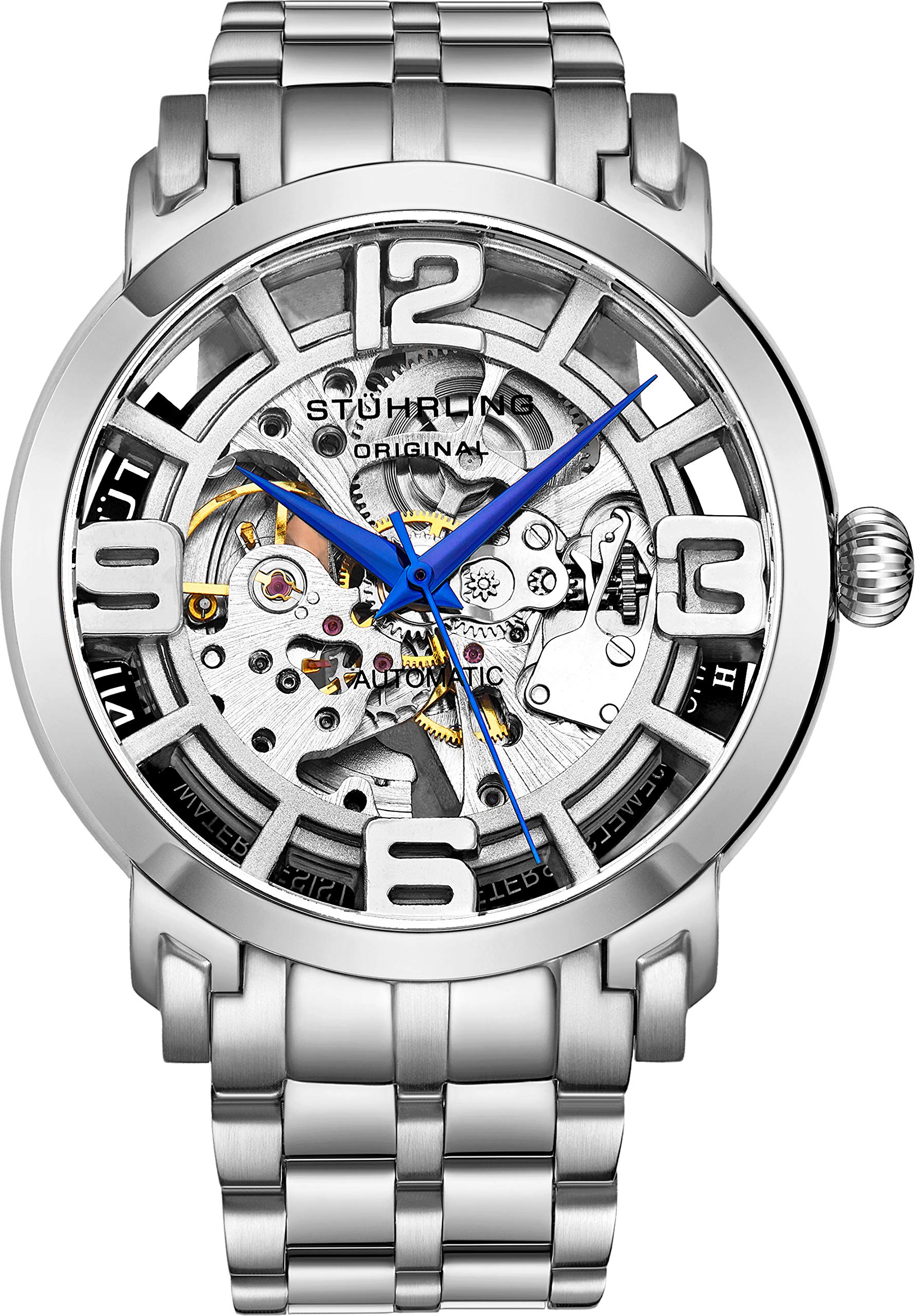 Stuhrling Original Men's Skeleton Automatic Watch - Self-Winding Mechanical Dress Watch - Winchester 44 Elite Silver Watch for Business & Formal Occasions