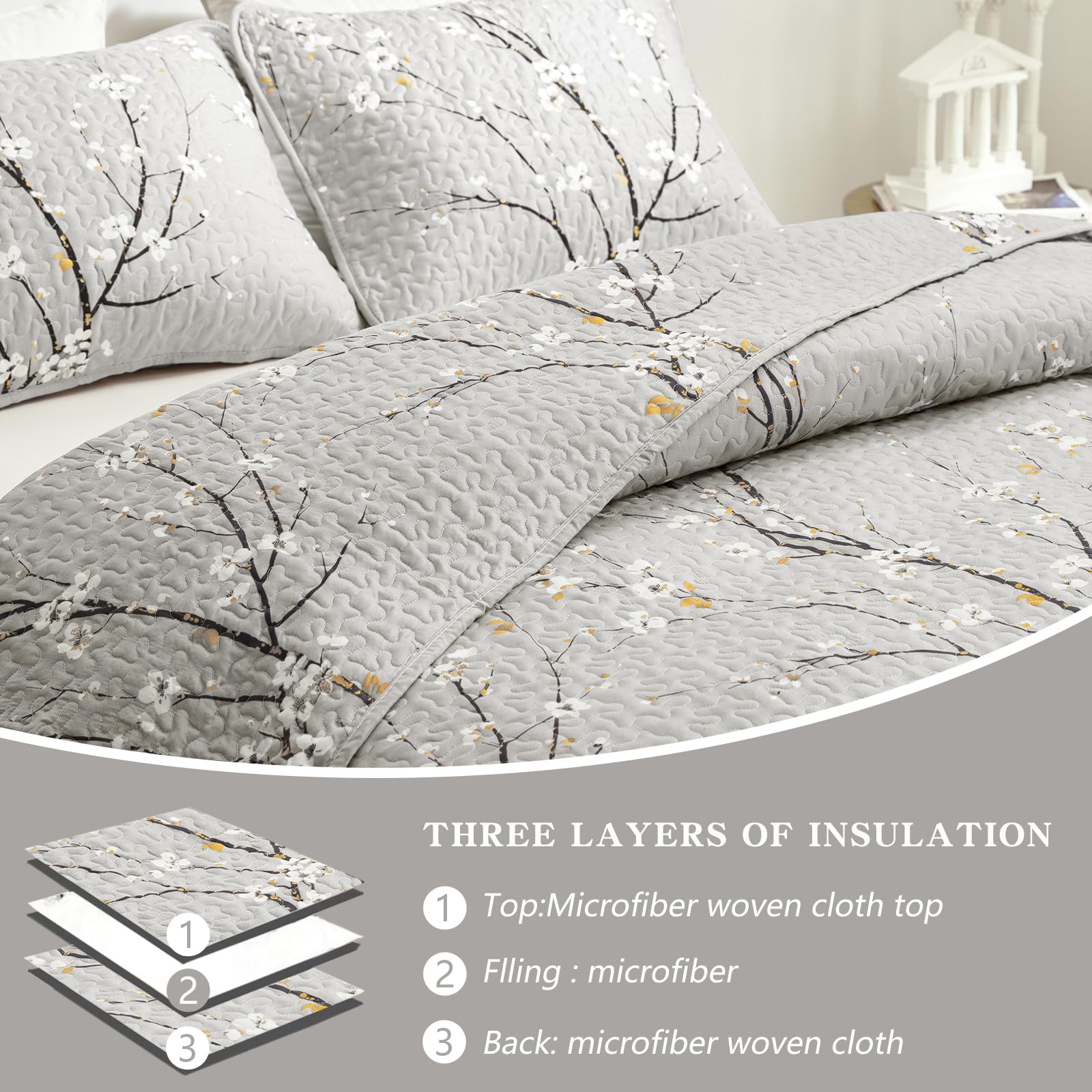 UOZZI 2-Piece Reversible Quilt Set - Gray Branch with White Orange Floral Pattern - Twin Size 68x86 Inches - Soft Microfiber Lightweight Bedspread - All Season Coverlet for Bedroom, Guest Room & Dorm - Includes 1 Quilt + 1 Shams