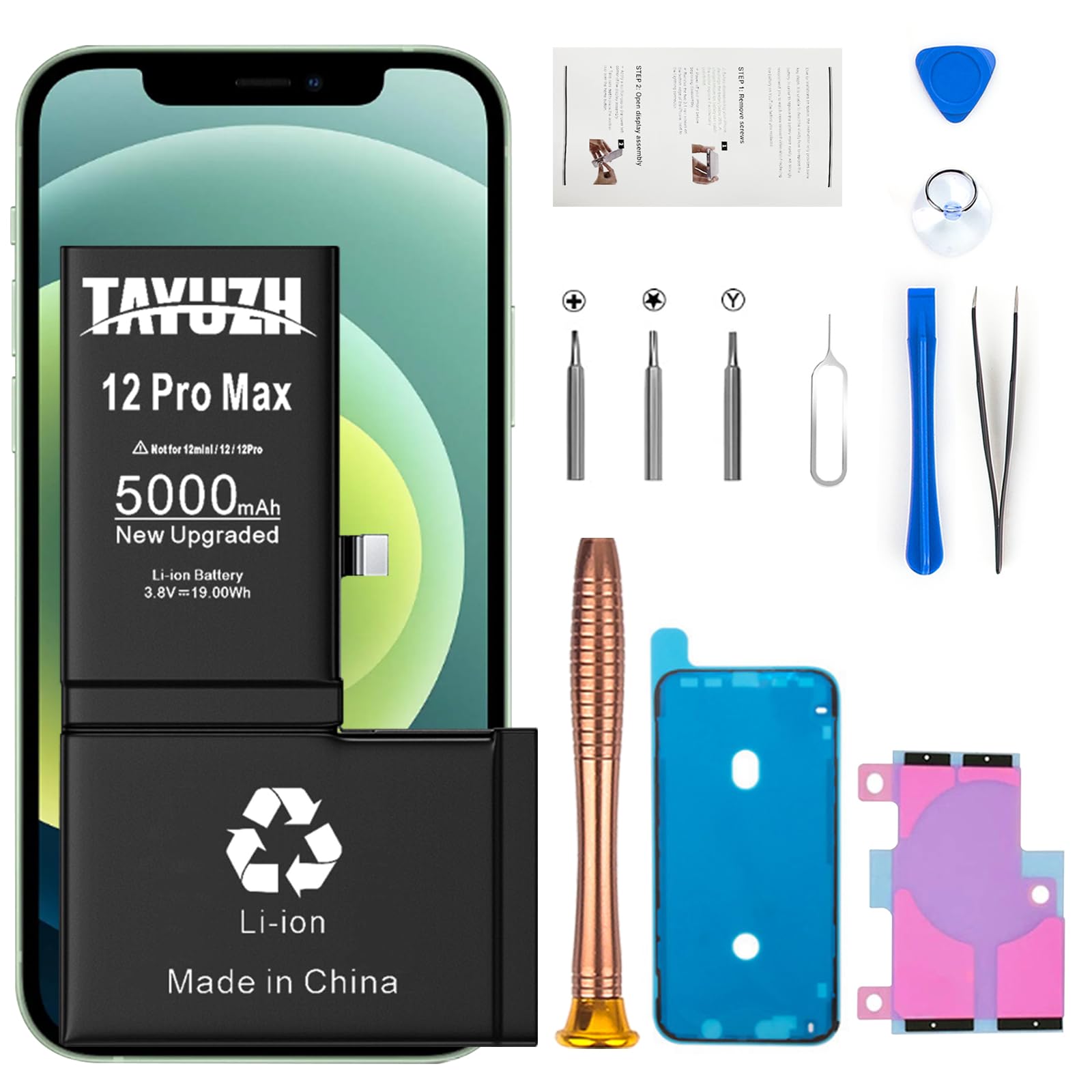 High Capacity 0 Cycle Replacement Battery for iPhone 12 Pro Max (A2410 A2411 A2412 A2342) - Includes Installation Manual & Professional Repair Tool Kit | Perfect for DIY Phone Repair & Battery Replacement at Home