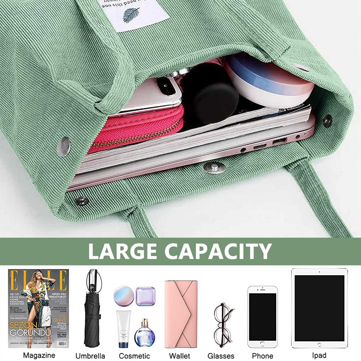 PALAY® Women's Corduroy Tote Bag - Large Capacity Shoulder Bag with Inner Pocket for School, Work, Shopping & Travel | Durable Casual Handbag for Daily Use, Grocery Trips & Office Commute