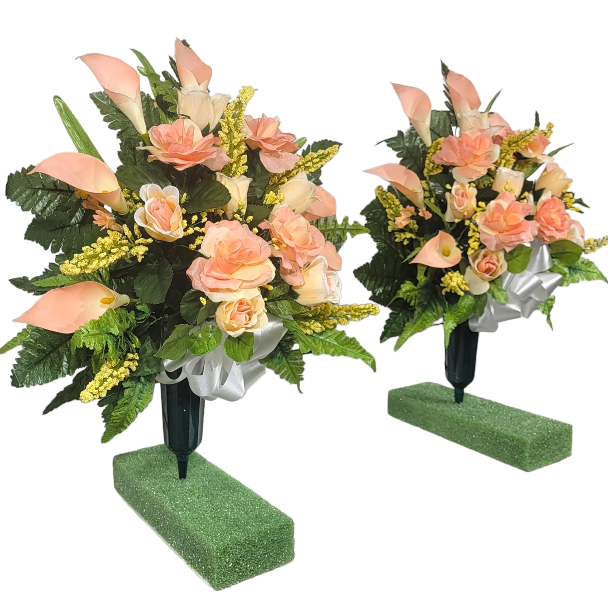 Realistic Artificial Cemetery Flowers - Silk Faux Peach Rose & Calla Lily Bouquet for Graves - 2 Headstone Decorations - Memorial Flowers for Gravesite, Funeral, Sympathy & Remembrance