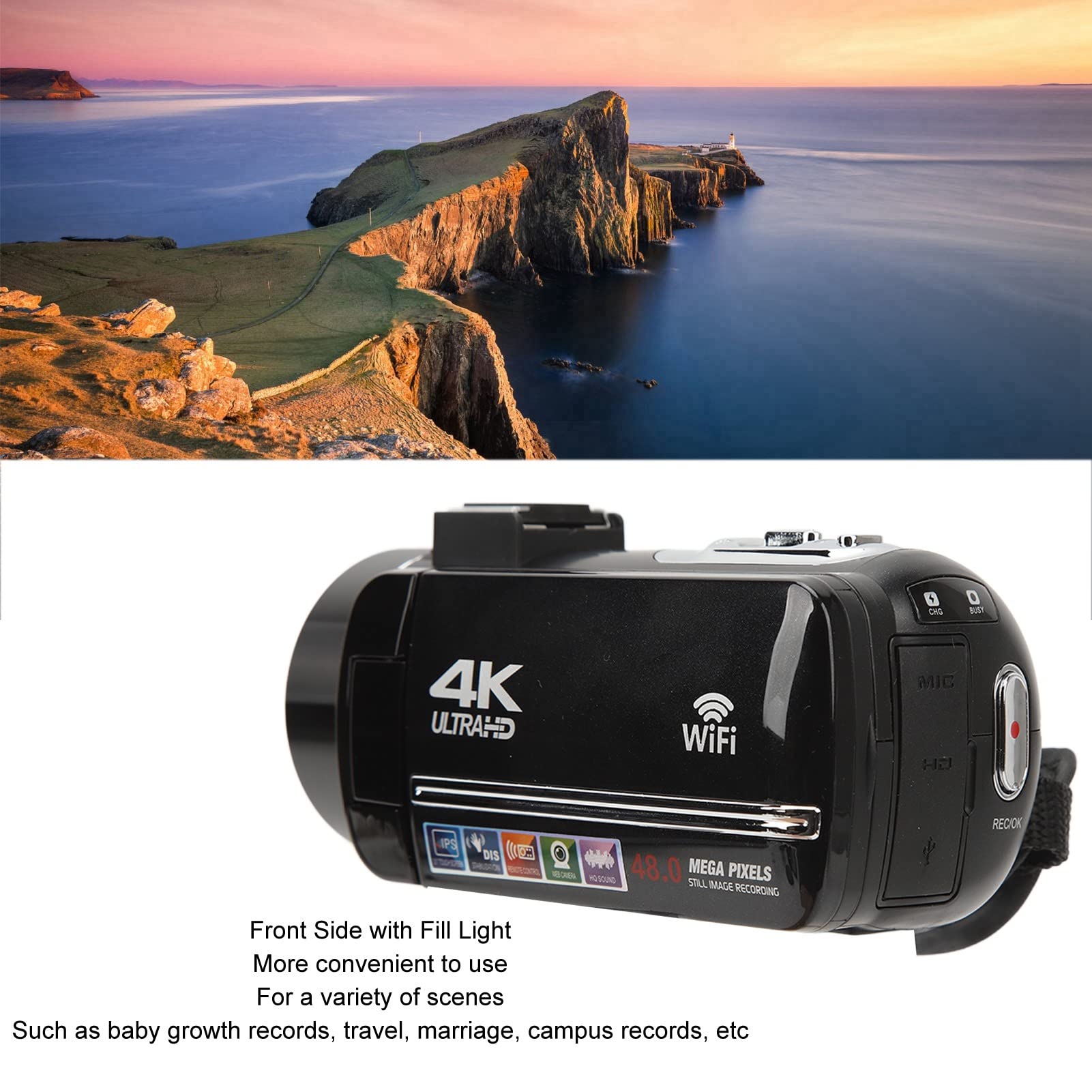 Annadue 4K Ultra HD 48MP WiFi Vlogging Camera with Fill Light & 18x Digital Zoom - 3.0 Inch Touch Screen Camcorder with APP Control for YouTube, Travel & Live Streaming (Perfect for Beginners & Content Creators)