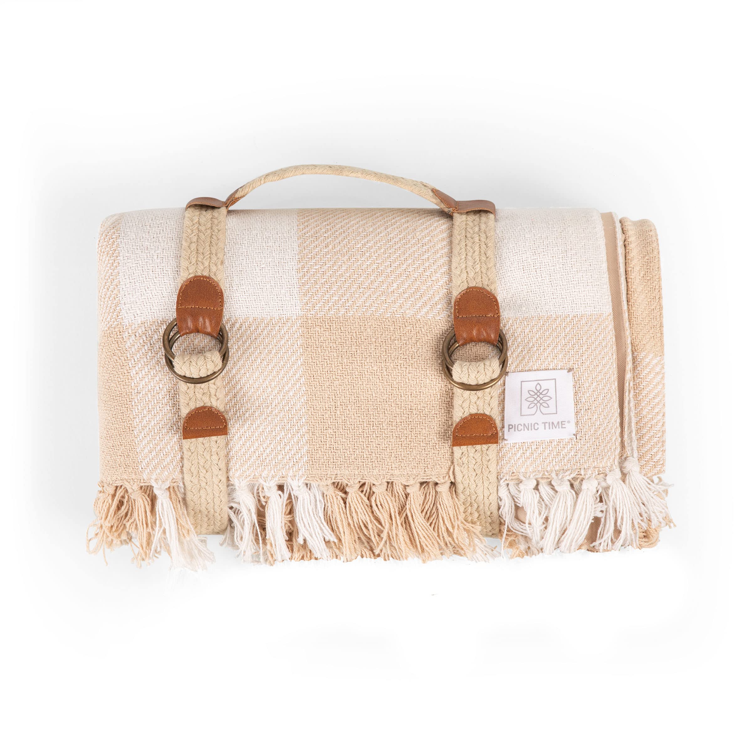 Montecito Picnic Blanket - Waterproof Outdoor Beach Blanket with Carry Harness - Portable & Durable for Picnics, Camping, Parks, Concerts (White & Taupe Windowpane, One Size)