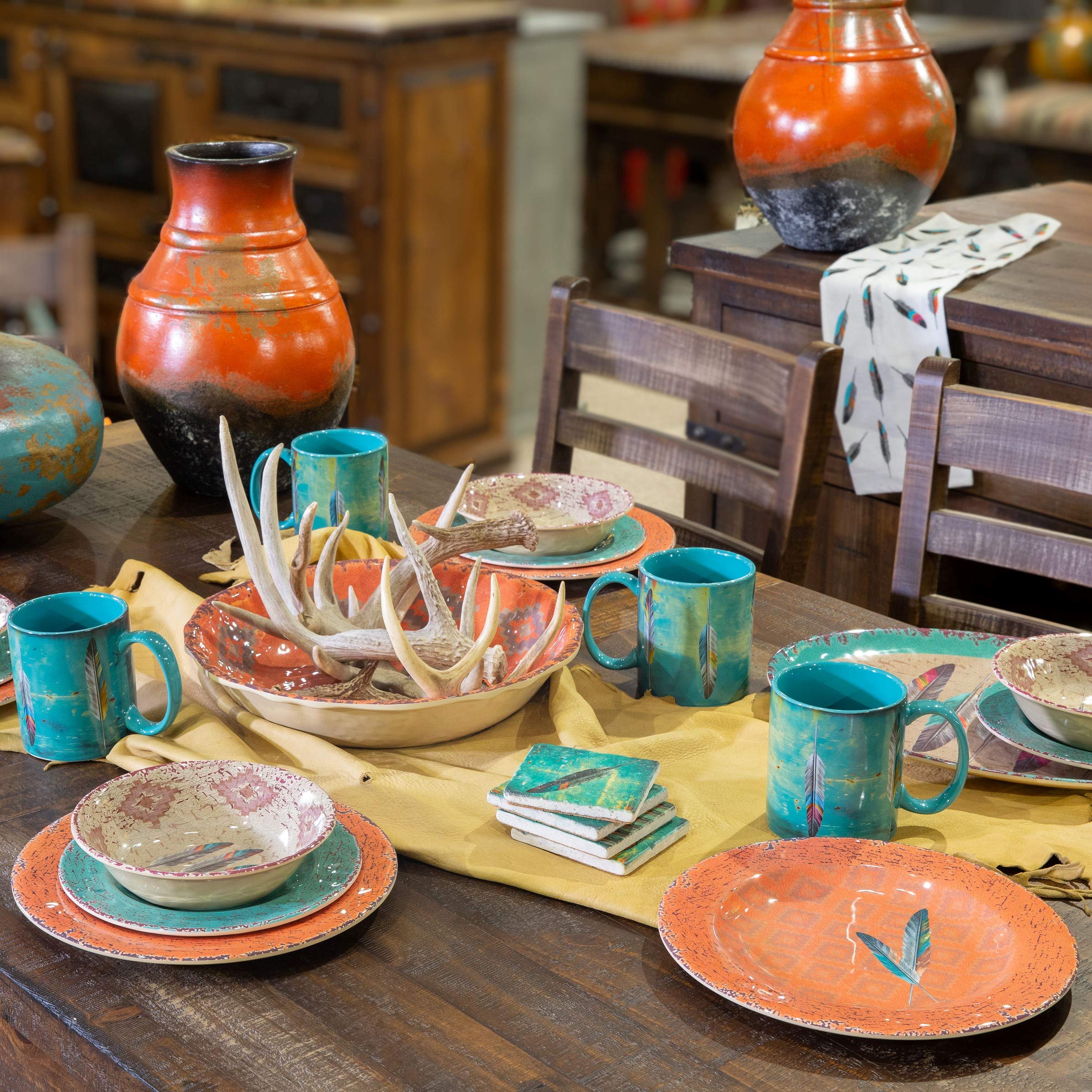 HiEnd Accents 14-Piece Melamine Dinnerware Set - Western Style Feather Print in Orange, Tan, Brown & Teal - Durable Plastic Plates, Bowls & Serving Dish - Southwestern Aztec Tribal Design for Rustic Dining | Perfect for Outdoor Picnics, BBQ Parties & Southwestern-Themed Decor