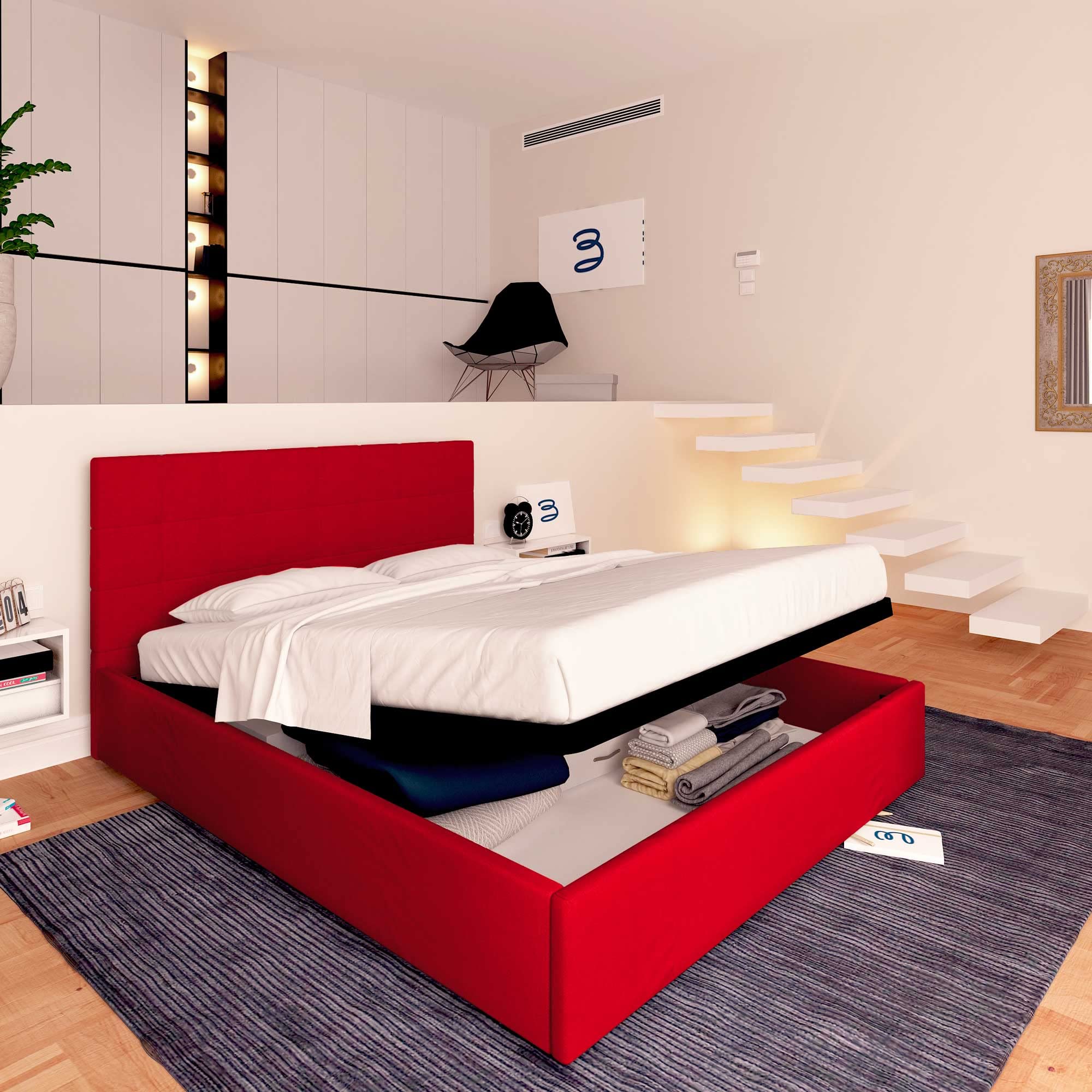 Baldiflex Single Bed with Storage, Synthetic Leather Dublin Model, Slatted Base for Single Mattress, 90 x 190 cm, Elegant Headboard, Red - Perfect for Small Bedrooms, Guest Rooms & Studio Apartments