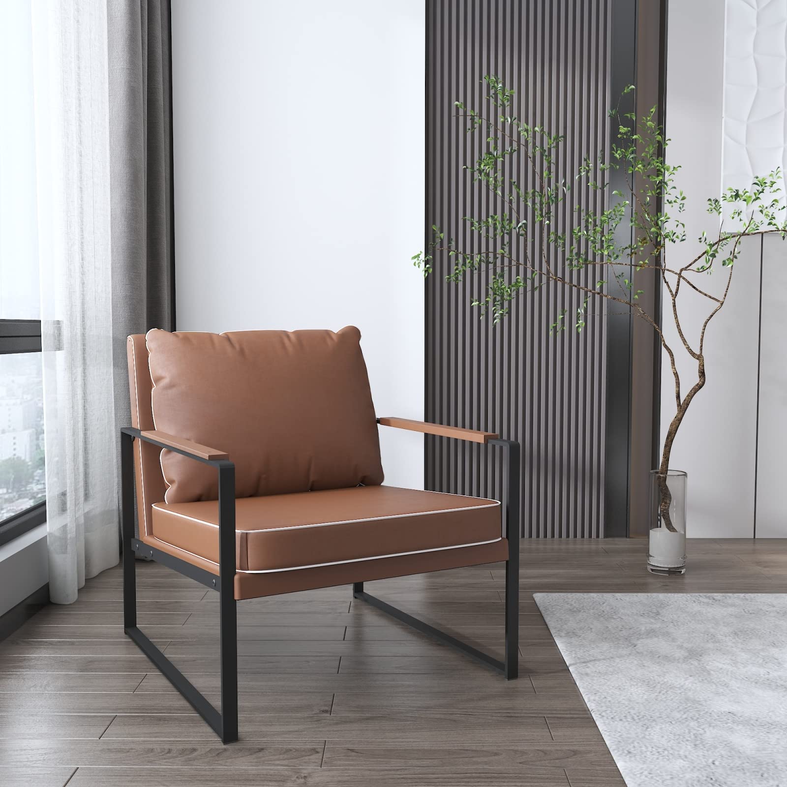 GYZAD Modern PU Leather Accent Chair with Thick Padded Seat & 105° Reclining Back - Comfortable Armchair for Living Room, Bedroom, Office & Balcony - Orange Home Decor for Relaxing & Reading