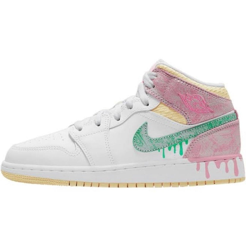 Air Jordan 1 Mid SE GS Sneakers - Ice Cream White, Green Glow & Arctic Pink Colorway | Basketball Shoes for Women & Girls | Perfect for Streetwear, Gym & Casual Outfits