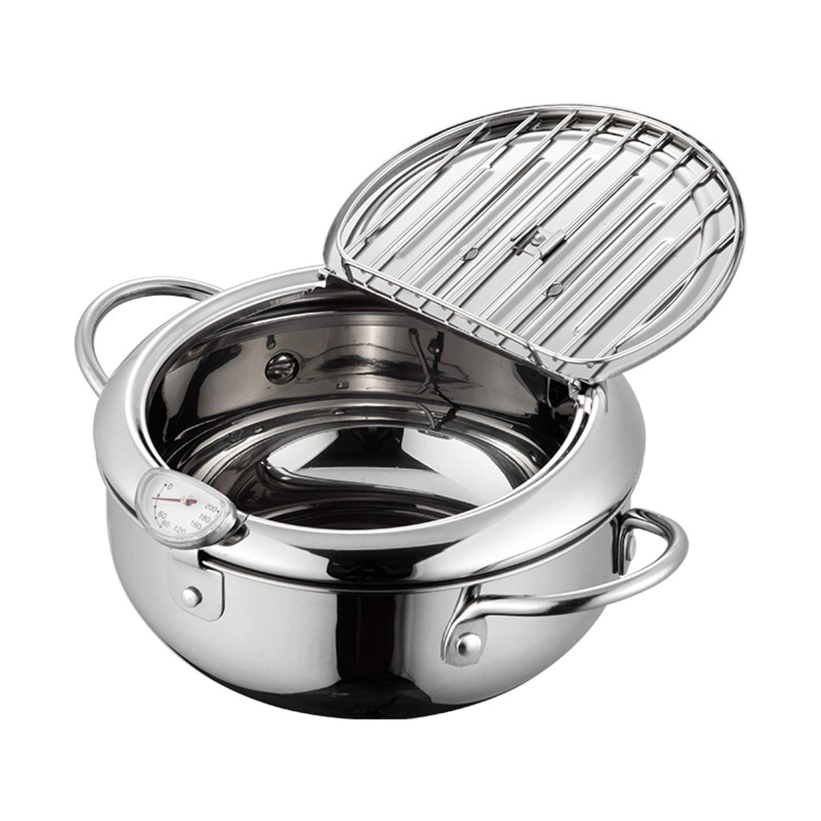 GL-GDD 24cm Mini Deep Fryer Pan - 304 Stainless Steel Tempura Fryer Pot with Thermometer & Oil Drip Rack Lid - Perfect for Frying Chicken, French Fries, Fish, Shrimp - Ideal for Home Kitchen, Restaurant & Outdoor Cooking