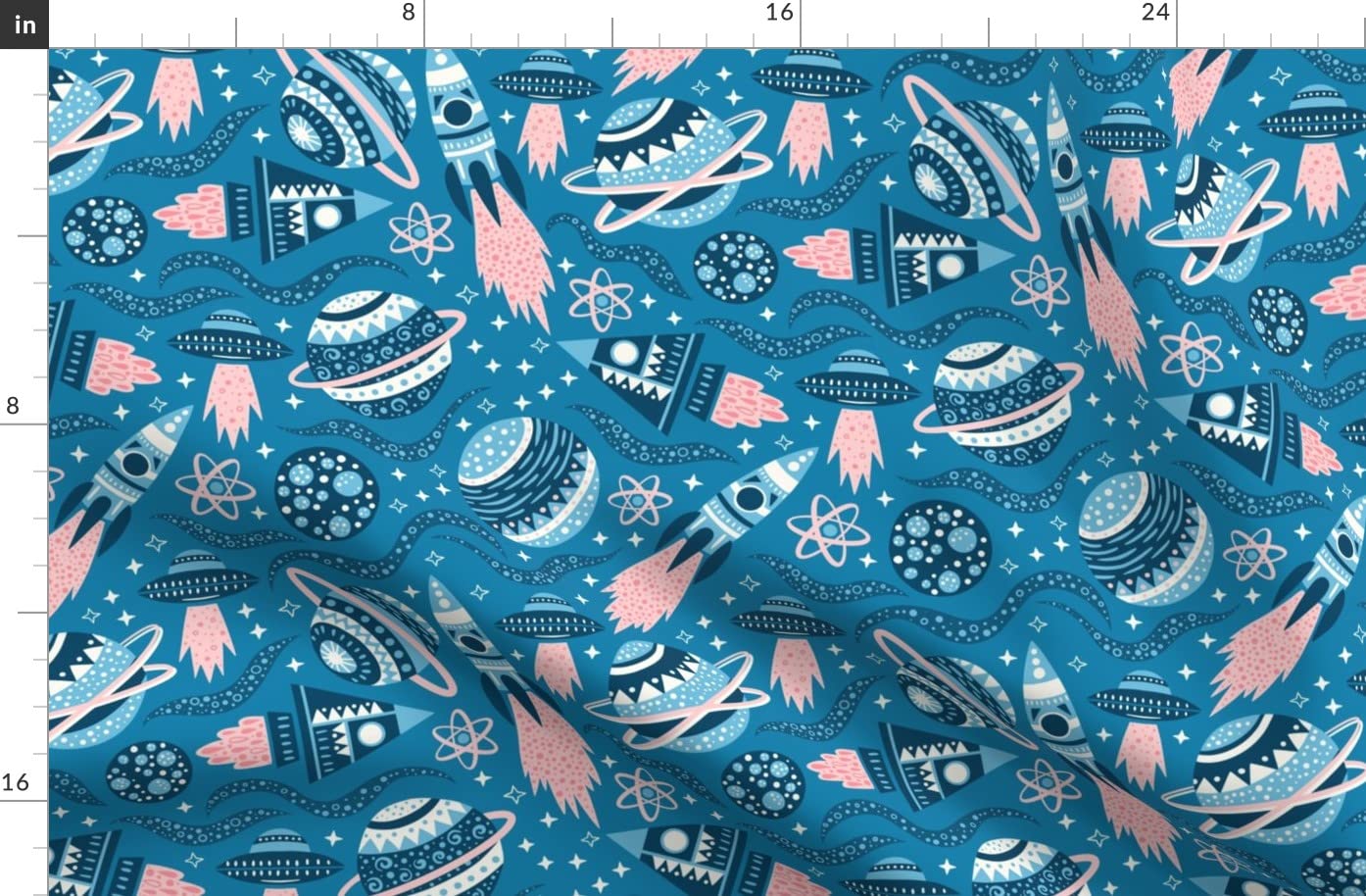 Planets Space Blue Pink Stars Retro Atomic Print Fleece Fabric Fat Quarter - DIY Sewing Blankets, Loungewear & No-Sew Projects - Perfect for Home Decor, Baby Quilts & Crafting