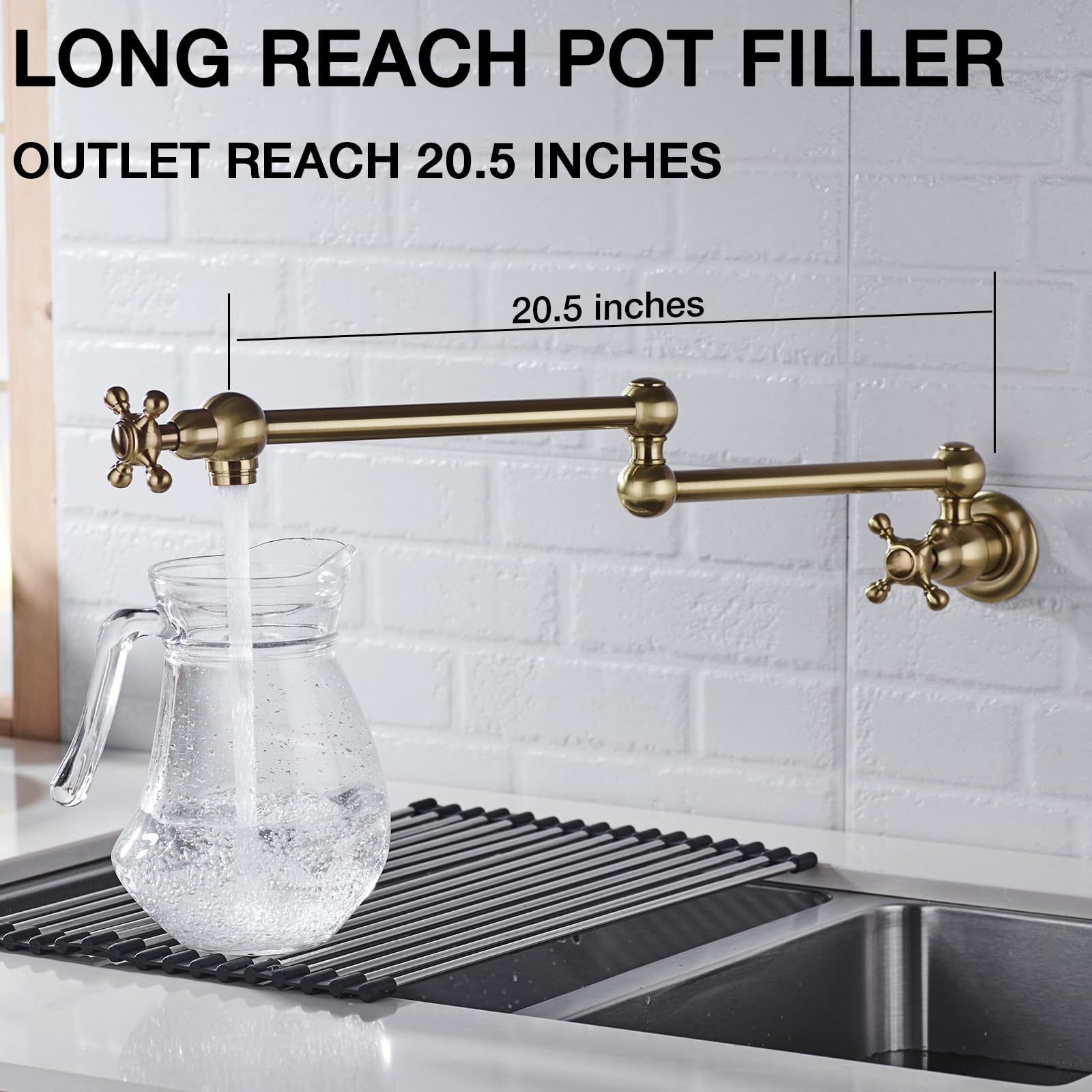 TRUSTMI Brass Wall Mount Pot Filler Faucet - Brushed Gold Kitchen Sink Faucet with Double Joint Swing Arm for Easy Pot Filling | Perfect for Home Kitchen, Restaurant & Commercial Use