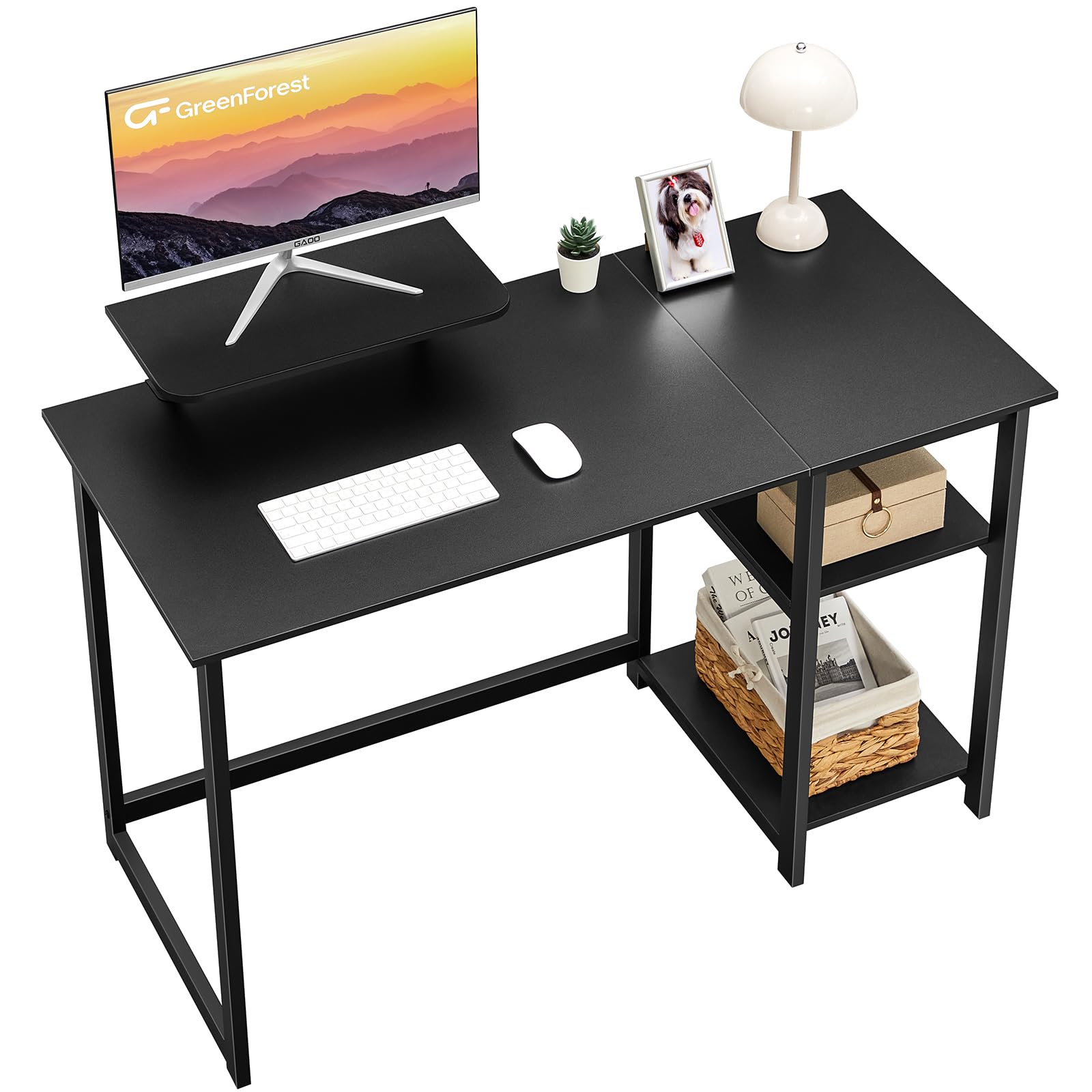 GreenForest 39 Inch Computer Desk with Monitor Stand - Adjustable Storage Shelves, Sturdy Office & Gaming Desk for Home, Work, Writing & Study - Perfect for Small Spaces & Ergonomic Setup (Black)