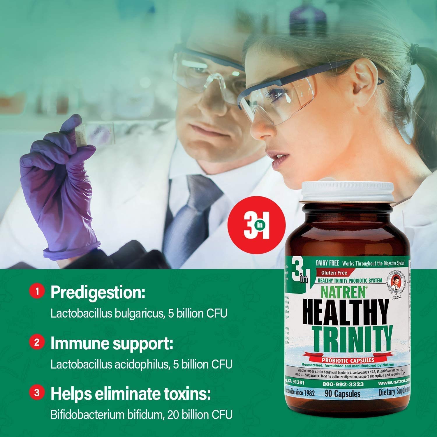 Natren Healthy Trinity Probiotics Supplement - 90 Dairy-Free & Gluten-Free Gel Capsules - 30 Billion CFU for Gut & Digestive Health - Lactobacillus Acidophilus, Bifidobacterium, Bulgaricus - Supports Immune System & Daily Wellness