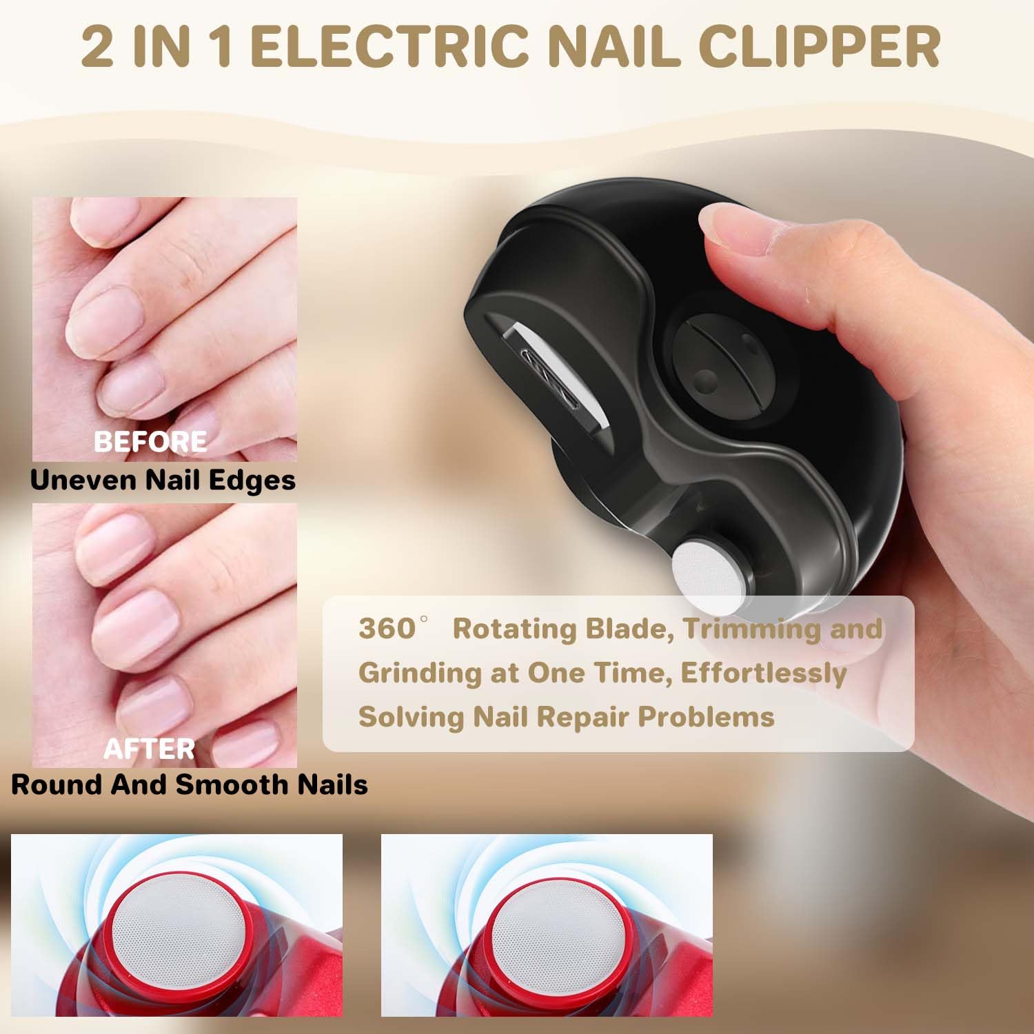 2 in 1 Electric Nail Clipper & Polisher - Automatic Nail Trimmer with 2 Adjustable Speeds, Rechargeable Nail File for Seniors, Kids & Adults (Red) - Perfect for Home, Travel & Salon Use