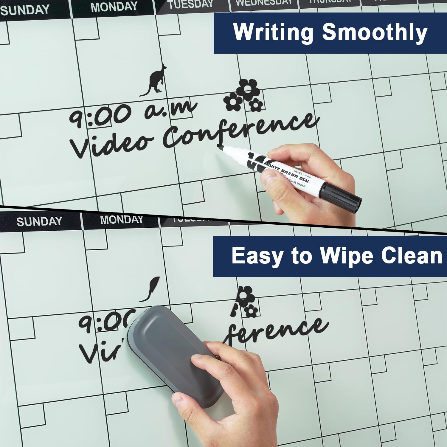 TSJ OFFICE 36 x 24 Inches Magnetic Glass Whiteboard - Monthly Dry Erase Calendar for Wall, Large Glass White Board for Office, Home & School - Perfect for Scheduling, Planning & Organizing Tasks
