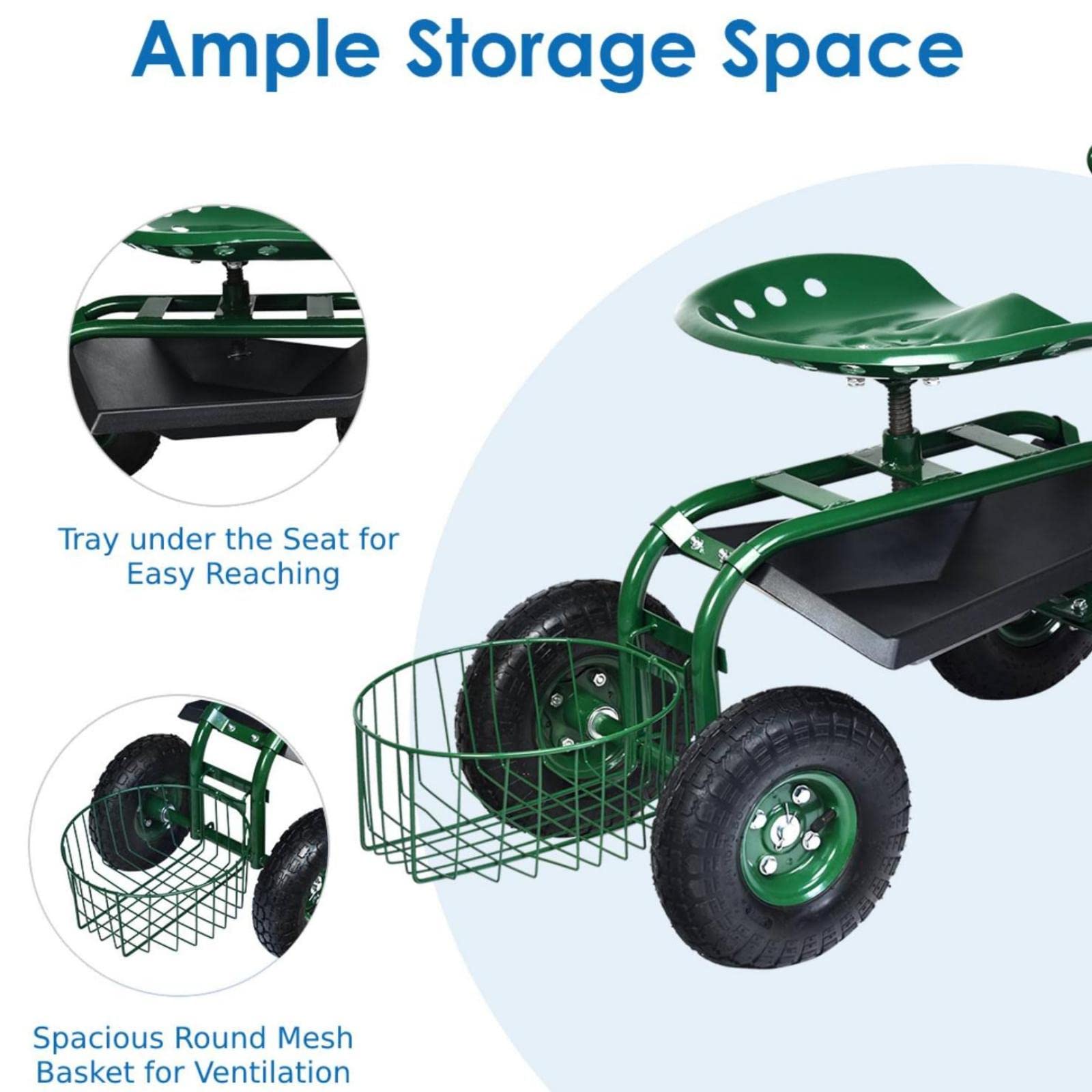 Heavy Duty Garden Cart with Seat & Wheels - Planting & Gardening Work Cart