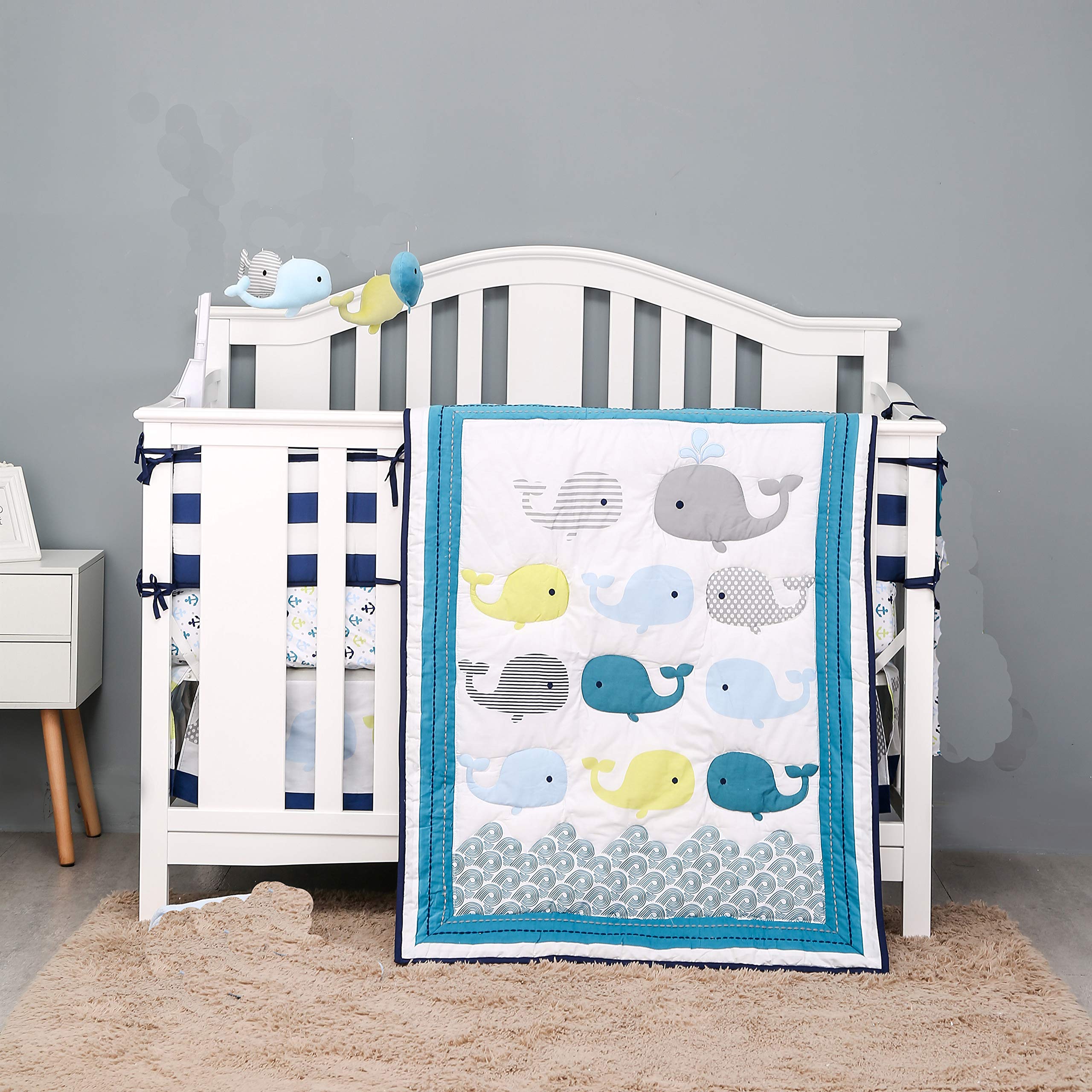 7-Piece Blue Whale Nursery Crib Bedding Set - Ocean Theme Baby Bedding for Boys & Girls | Perfect for Coastal Nursery Decor & Newborn Gift