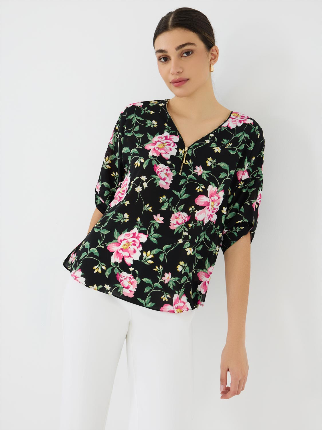 Floral Print Zip Front V Neck Tops for Women - Casual & Chic Blouse for Spring Summer Outfits | Perfect for Dates, Office & Weekend Wear
