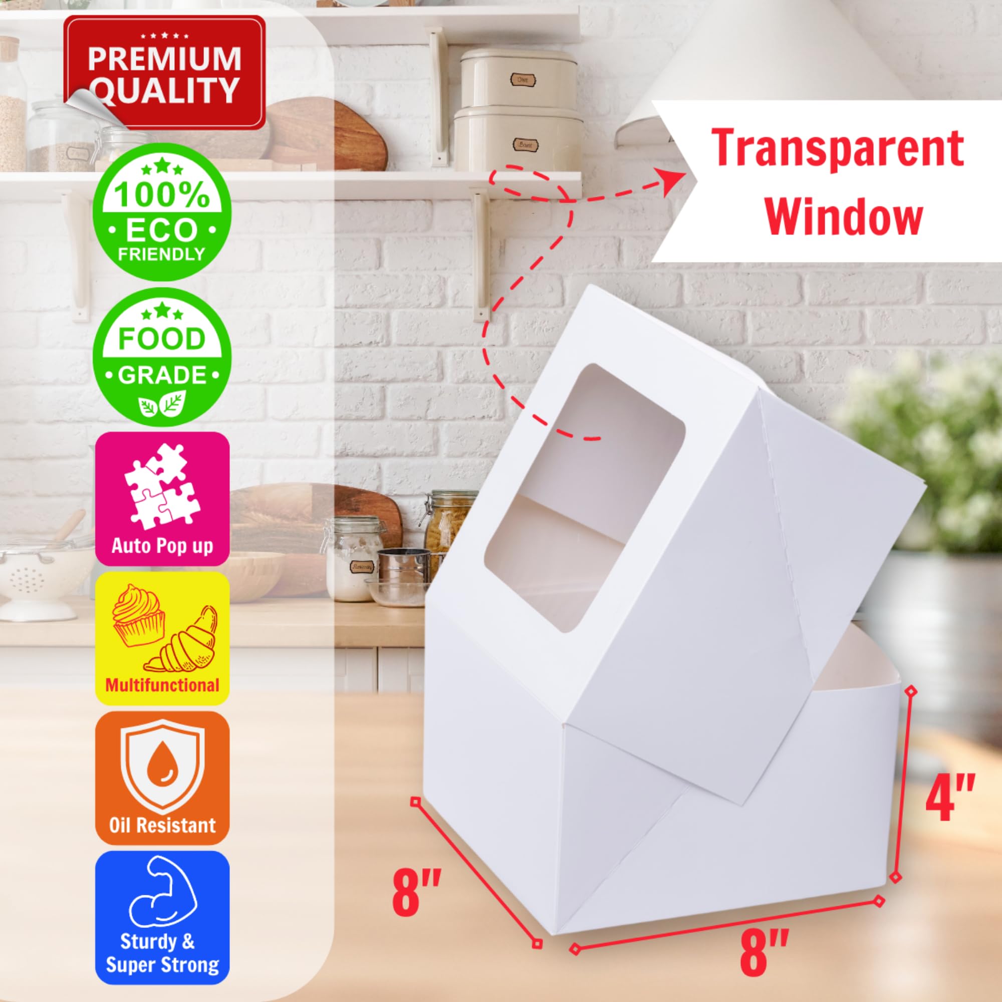 8x8x4 Inch White Cake Boxes with Window - 25 Pack + 30 Bonus Stickers | Auto Pop-Up, Extra Thick & Oil Resistant | Perfect for Cookies, Pies, Pastries & Bakery Treats | Ideal for Home Bakers & Restaurants | Great for Gift Packaging & Party Desserts