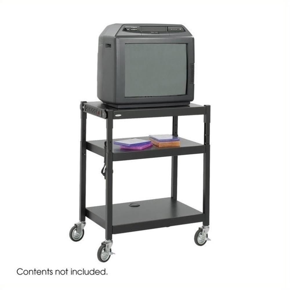 Black Steel Adjustable Height Mobile Media Cart with Wheels - Pemberly Row Rolling TV Stand for Living Room, Bedroom, or Office