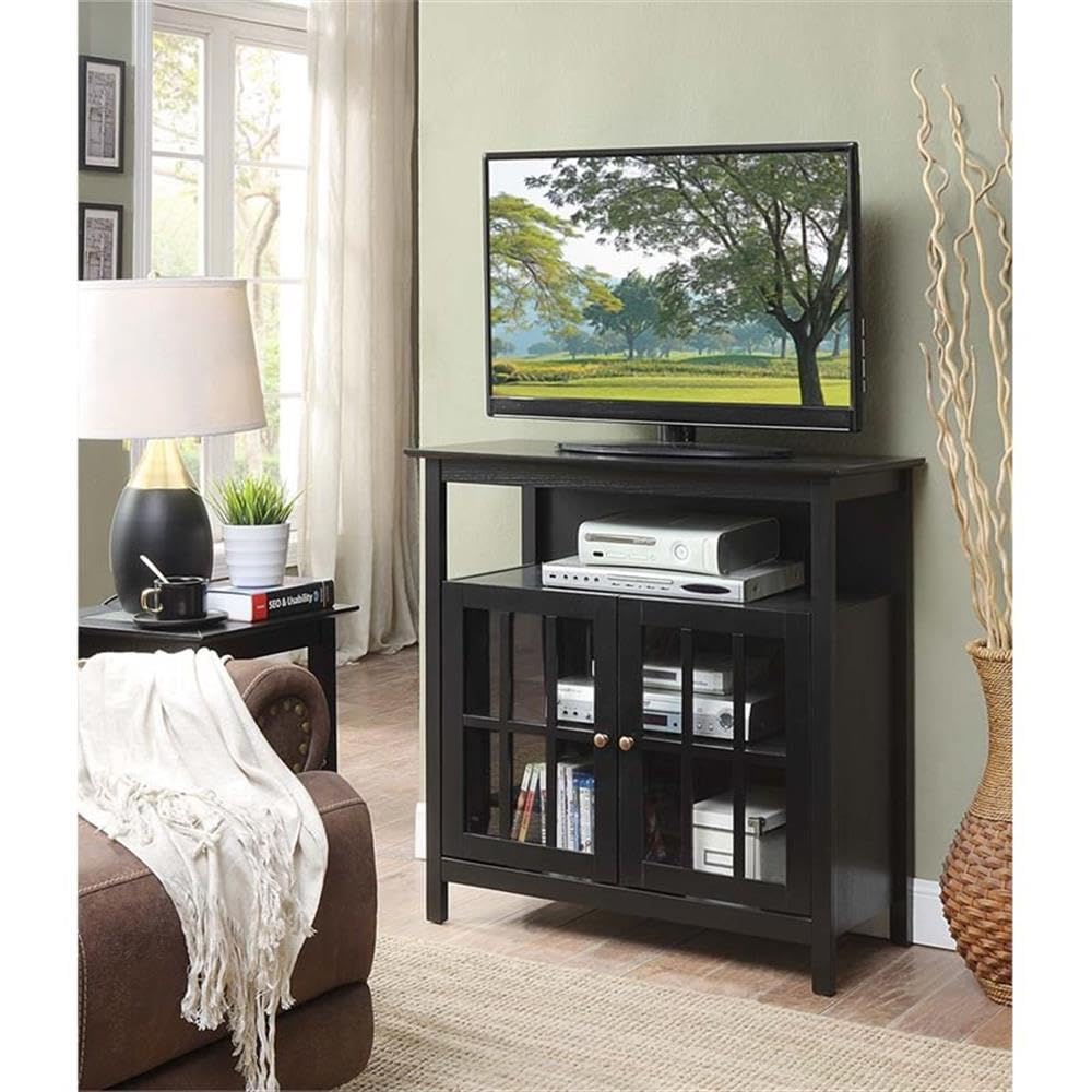 Pemberly Row 42 Inch TV Stand Entertainment Center with Storage Shelves - Black Modern TV Console for Living Room, Bedroom & Home Theater Setup