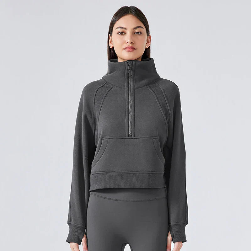 Women's Fleece Half-Zip Pullover Hoodie - Warm High Stand Collar Sports Top for Fall & Winter | Outdoor Activities, Gym Workouts & Casual Wear