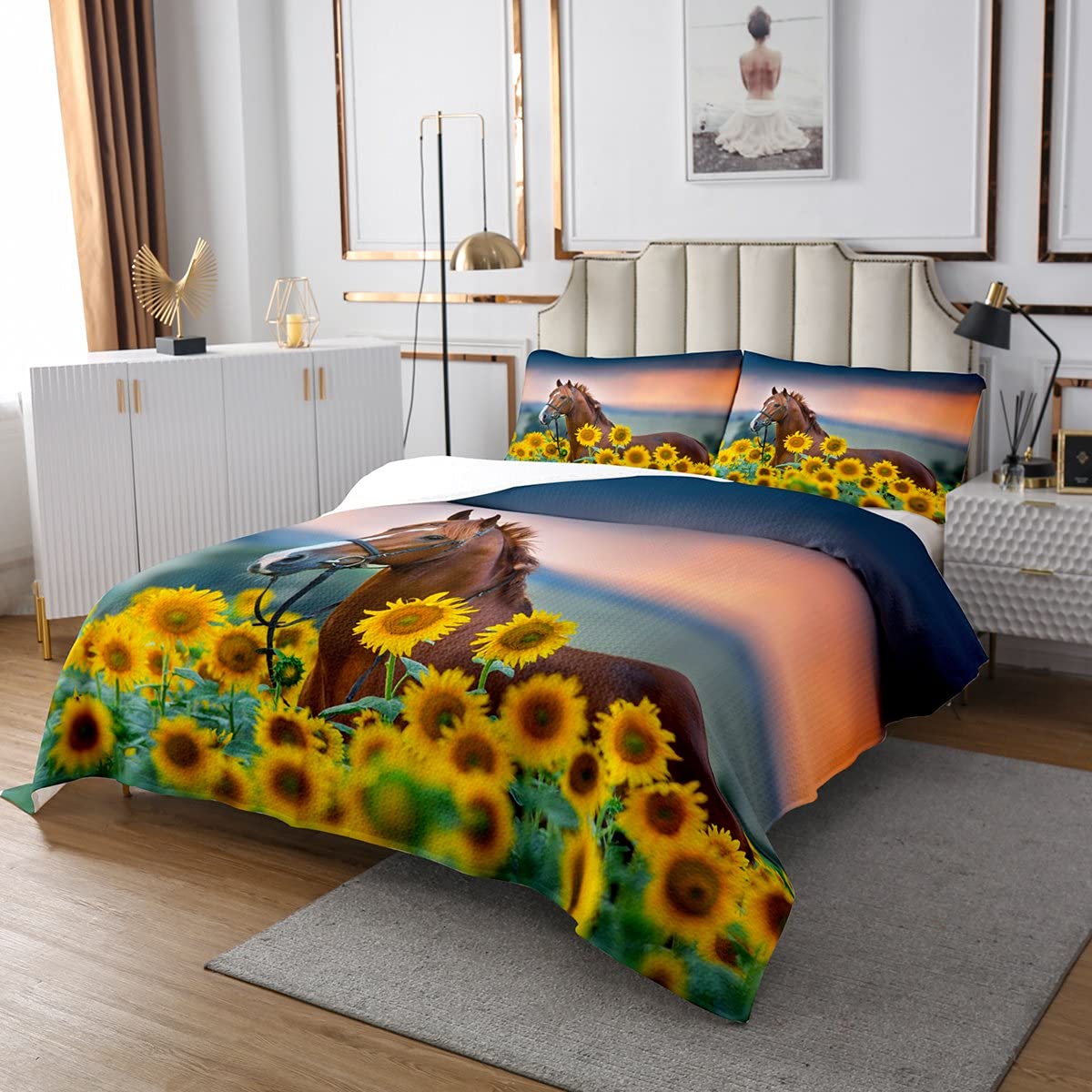 Erosebridal Queen Size Horse Coverlet Set - Yellow Sunflowers Farm Animal Quilt, Western Cowboy Bedding for Kids, Boys, Teens & Girls | Perfect for Bedroom Decor, Western Theme Rooms & Country Style Homes