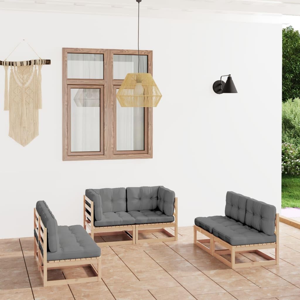 vidaXL 6-Piece Solid Pinewood Patio Lounge Set with Cushions | Outdoor Furniture for Garden, Deck & Backyard | Easy Assembly Gray Fabric Retro Style Sofa Set
