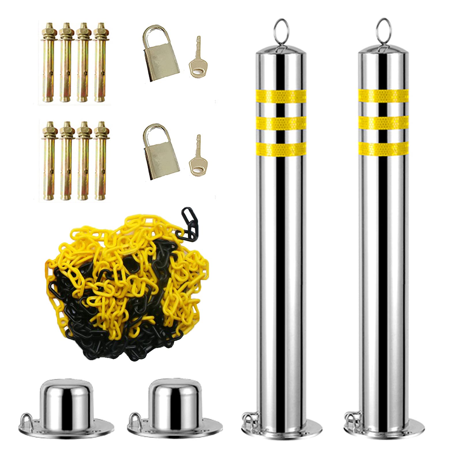 Stainless Steel Parking Lot Barriers - Reflective Road Markers & Sign Posts with Heavy Duty Base (650x89mm) for Parking Control, Traffic Safety, and Warehouse Security