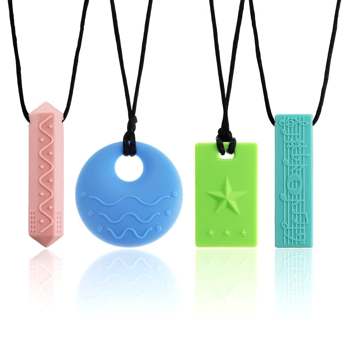 Sensory Chew Necklaces for Kids - 4 Pack Silicone Teether for ADHD, Autism & Anxiety Relief - Perfect for School & Travel