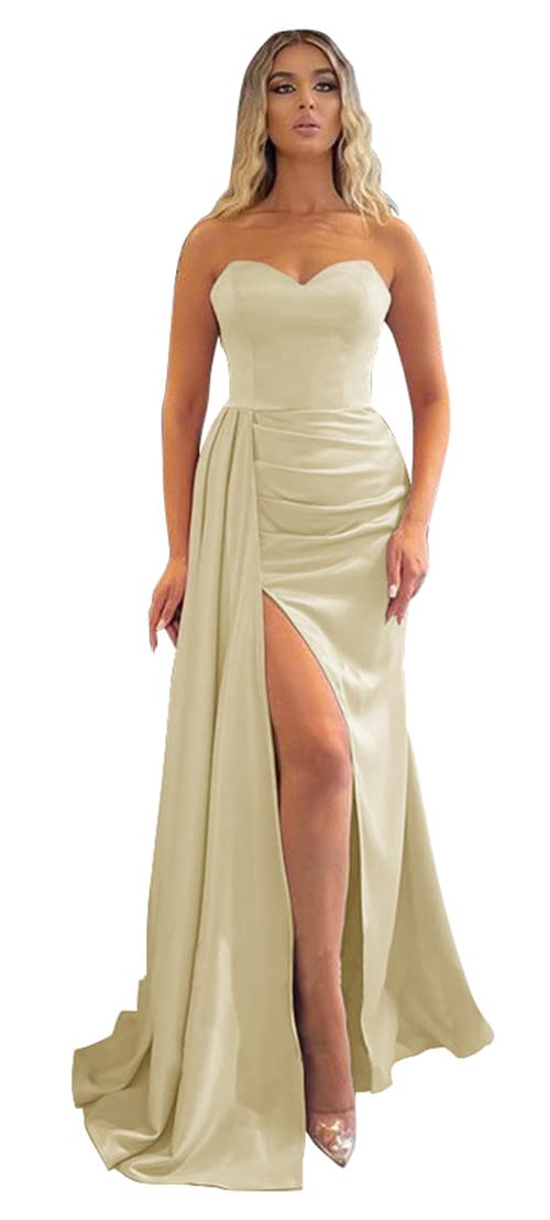 Elegant Strapless Satin Mermaid Prom Dresses 2022 for Women - High Slit Formal Evening Gown with Train | Perfect for Bridesmaids, Homecoming, and Special Occasions