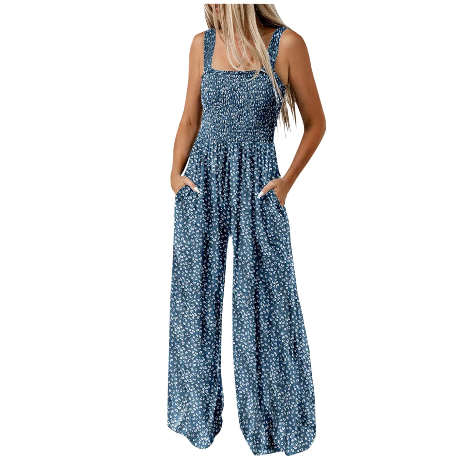 Women's Floral Boho Jumpsuit - Sleeveless Pleated Wide Leg Overalls with Pockets | Casual & Dressy Loose Fit Romper | Perfect for Summer Outings, Beach Vacations & Boho Fashion Styles