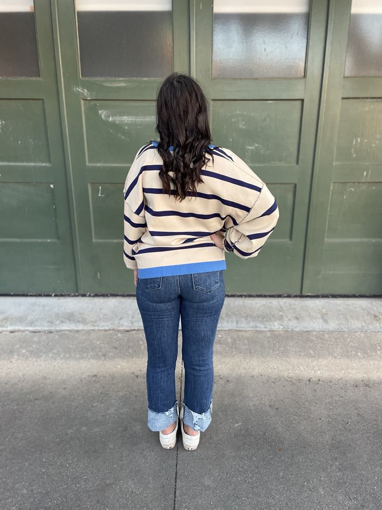 PREORDER: Navy Stripe Contrast Trim Cardigan | Women's Knit Sweater | Perfect for Office Wear & Casual Outfits