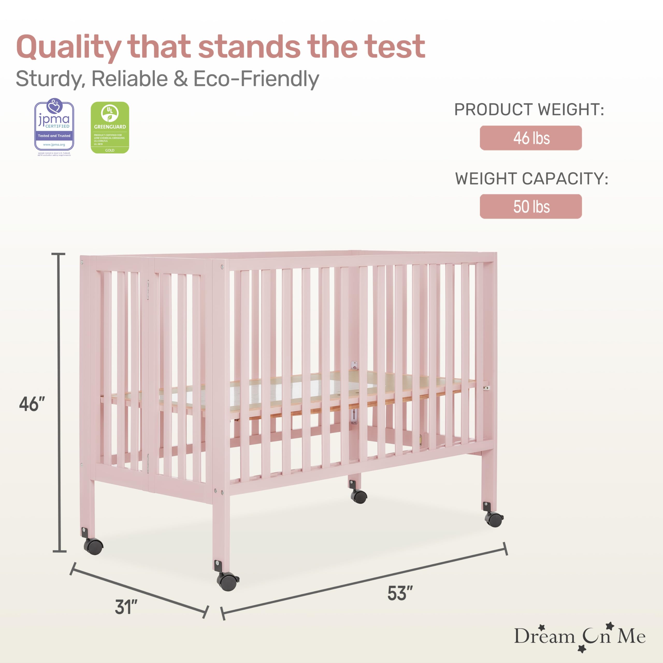 Dream On Me Quinn Full-Size Folding Crib - Blush Pink Baby Crib with Removable Wheels, Adjustable Mattress Support & Patented Foldable Design | Modern Nursery Furniture for Home, Travel & Daycare Use