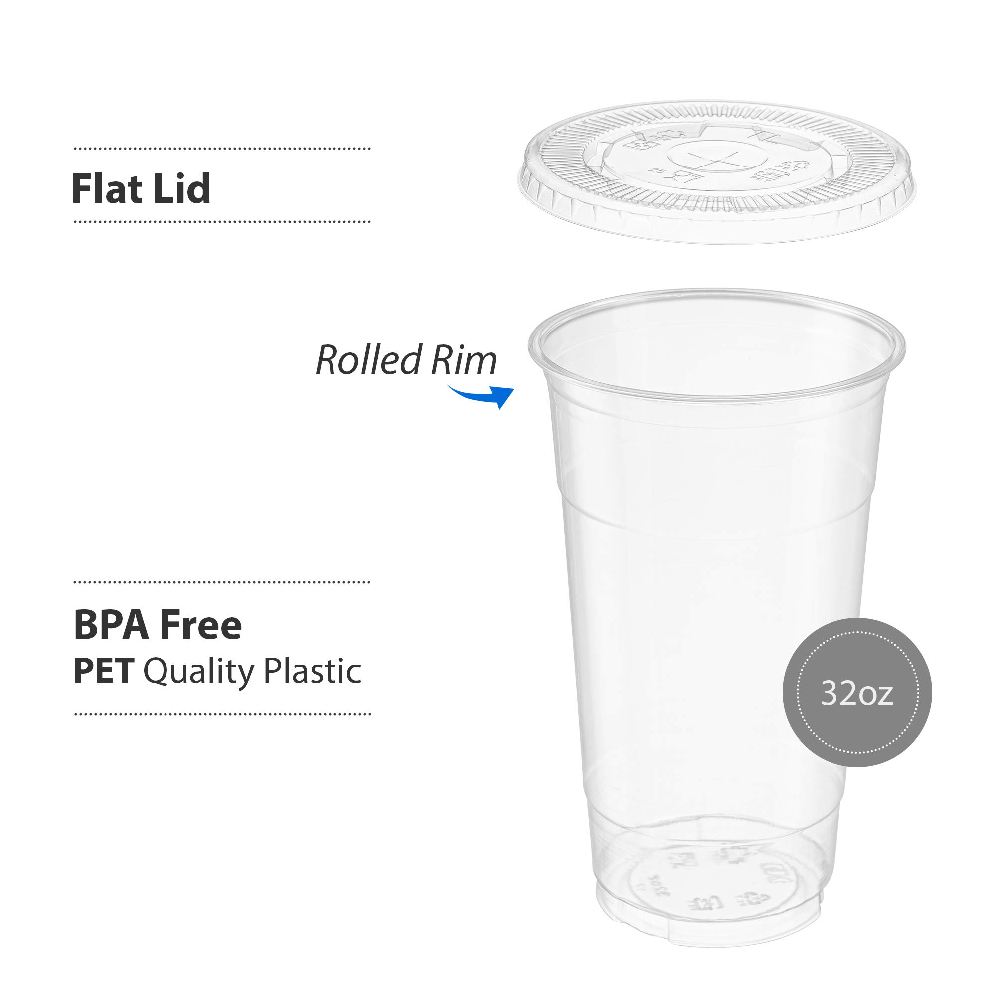 50 Sets - 32 Oz Clear PET Plastic Cups with Lids for Iced Coffee, Milkshake, Smoothies, Slushies - Disposable Party Cups for Cold Drinks, Slurpee, Outdoor Events & Home Entertaining