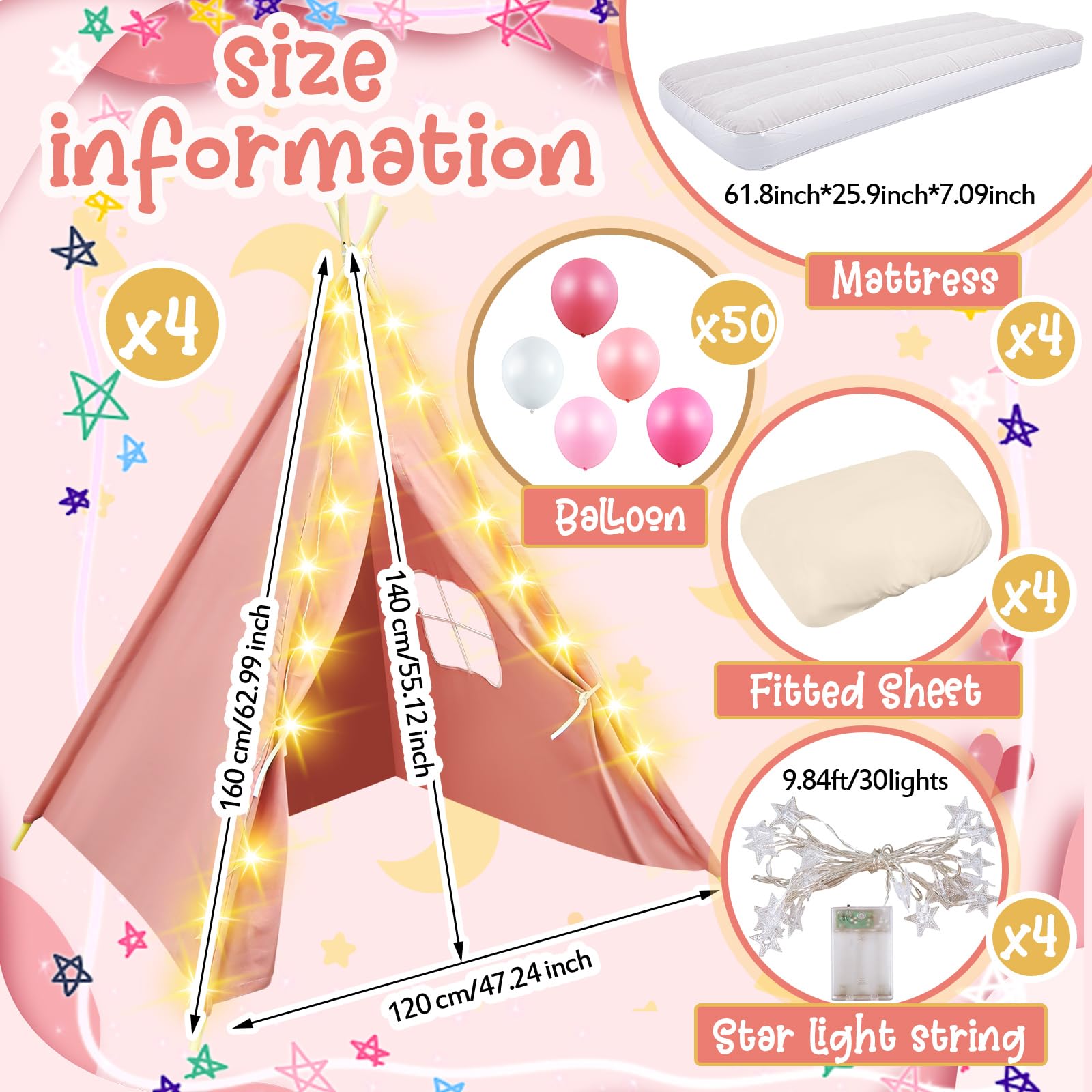 4 Pack Kids Teepee Tent for Sleepovers - Includes Mattress, Fitted Sheet & Fairy Lights | Washable Cotton Play Tent for Girls Birthday Parties, Movie Nights & Indoor Camping (Pink) - Perfect for Sleepovers, Playdates & Imaginative Play