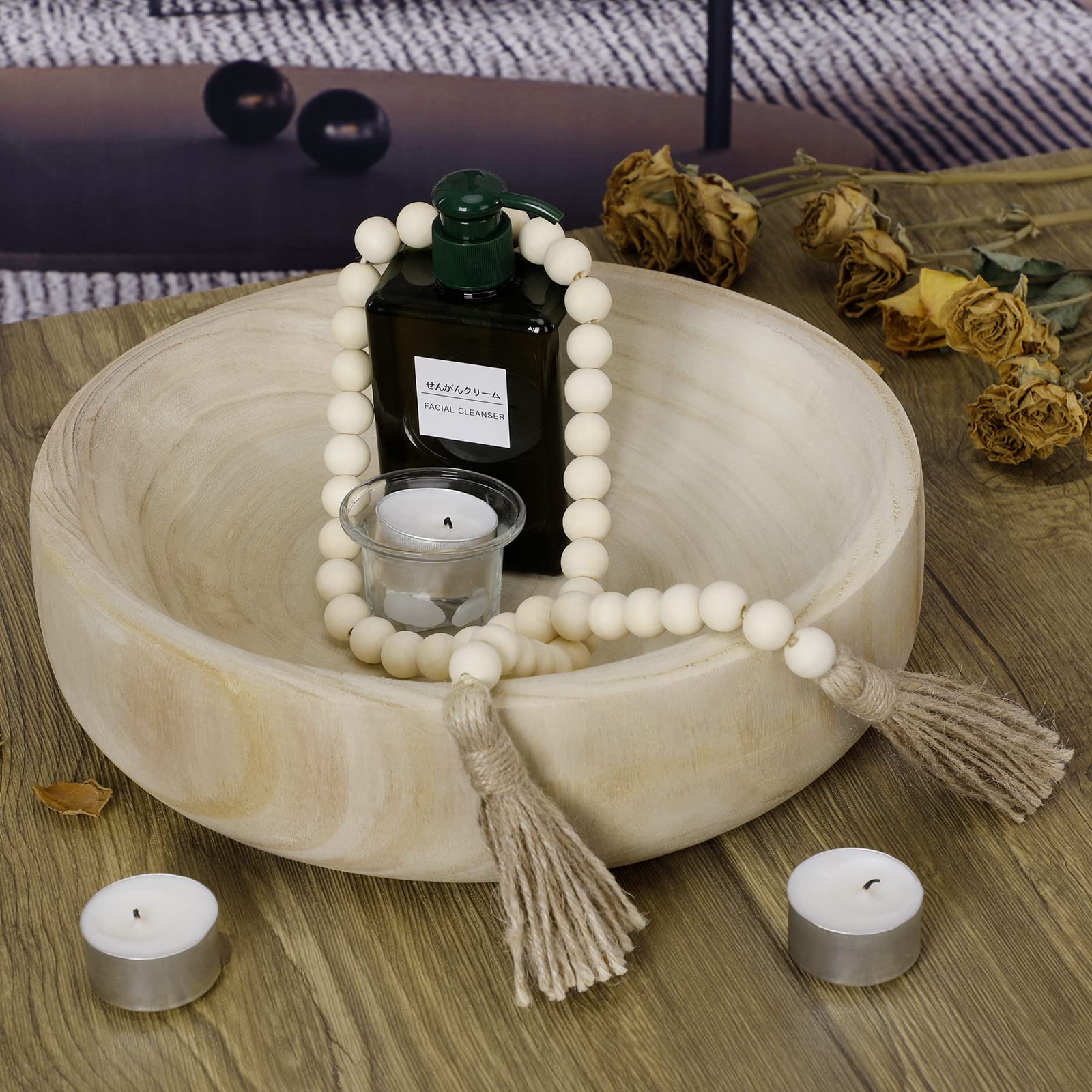 Kathfly Natural Rustic Wooden Decorative Bowl Set - Paulownia Wood Serving & Dough Bowl for Home Decor, Table Centerpieces, Wedding & Party Decorations with Wood Bead Garland (Round) - Perfect for Farmhouse Style Dining, Rustic Weddings, and Holiday Tablescapes