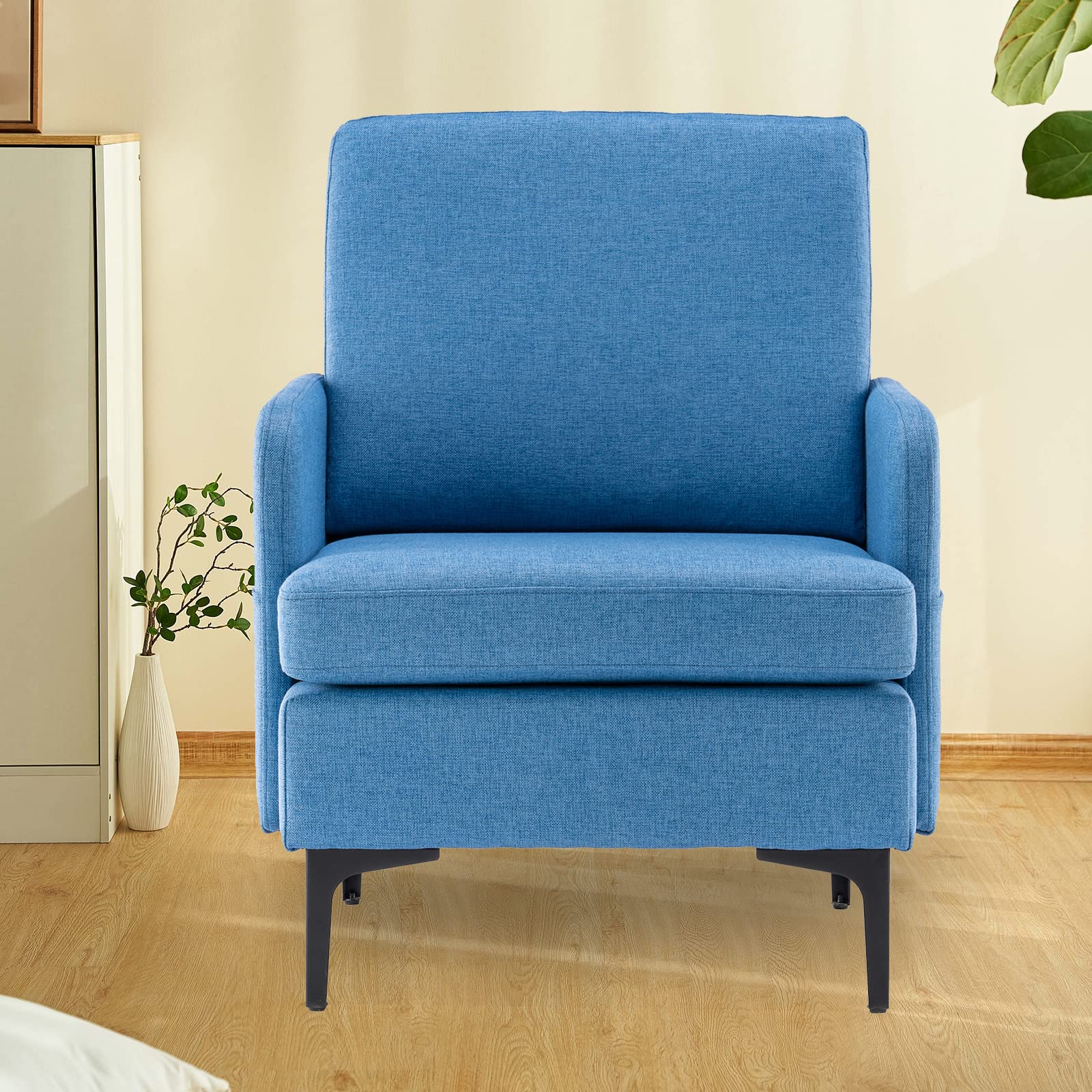 HomVent Upholstered Armchair with Slope Back & Black Metal Legs - Linen Fabric Living Room Chair with Padded Seat Cushion - Perfect for Lounge, Reading Nook & Home Office Decor