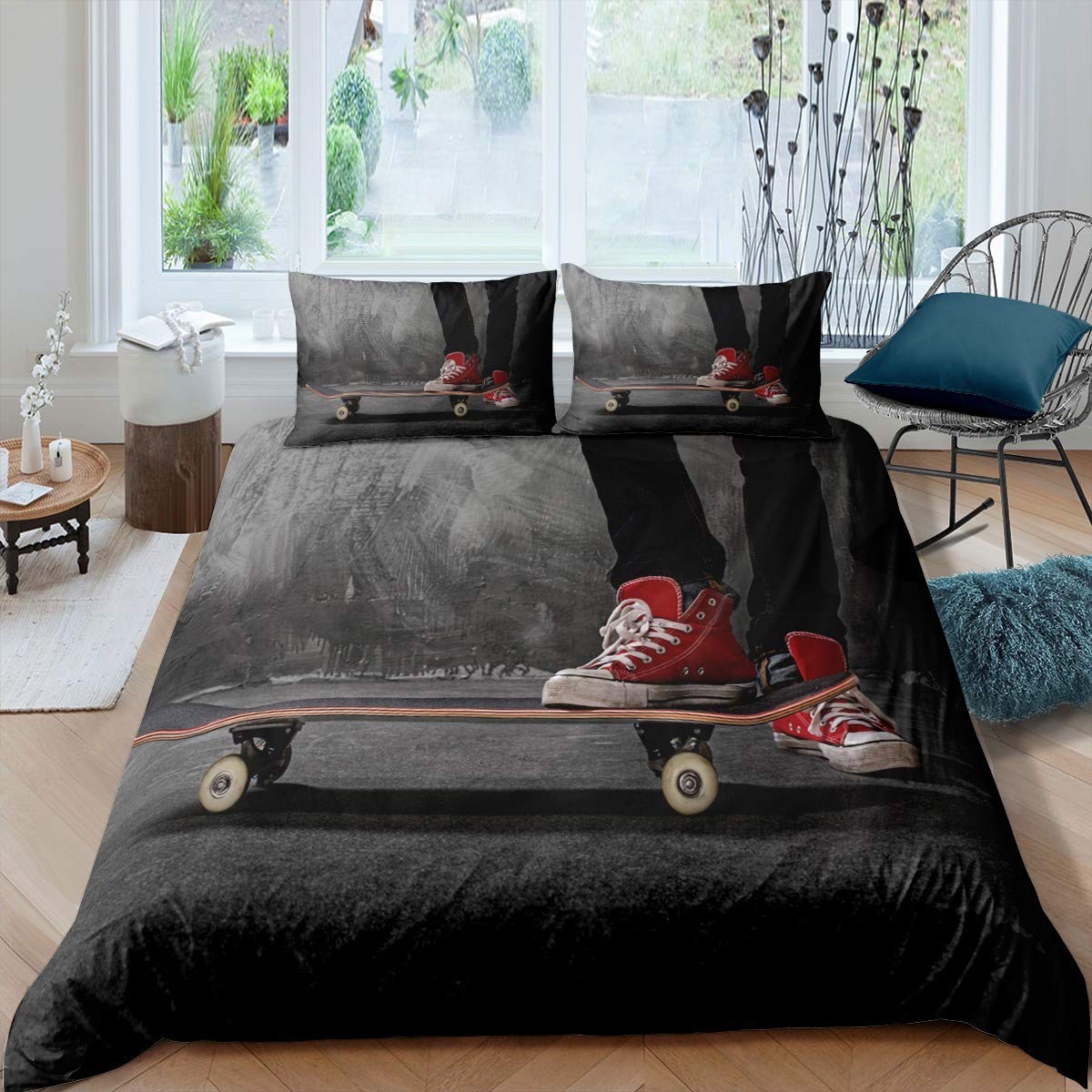 Feelyou Youth Skateboard Duvet Cover Set - King Size Sports Theme Bedding with 2 Pillowcases for Boys & Teens - Perfect for Skater Bedrooms & Dorm Decor
