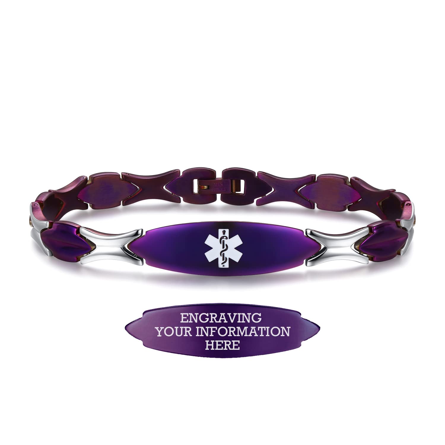 LinnaLove 7.5 Inch Stainless Steel Medical Alert Bracelet for Women - Personalized Engraved ID Tag - Fashionable & Durable Health Safety Jewelry for Daily Wear, Travel & Emergency Situations